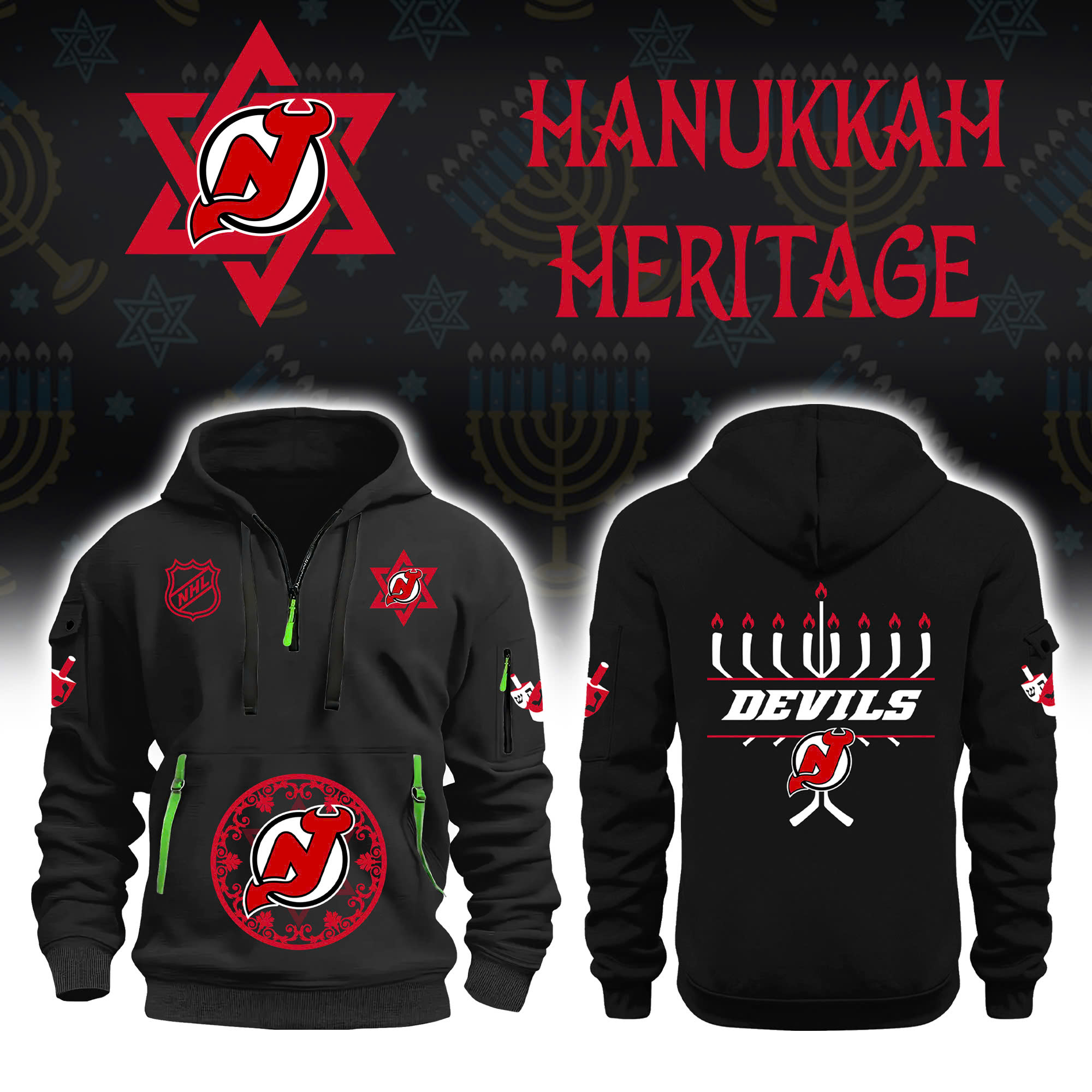 New Jersey Devils Hanukkah Black H115 New Hoodie - Famjoys New Jersey Devils Hanukkah Black H115 New Hoodie - Famjoys