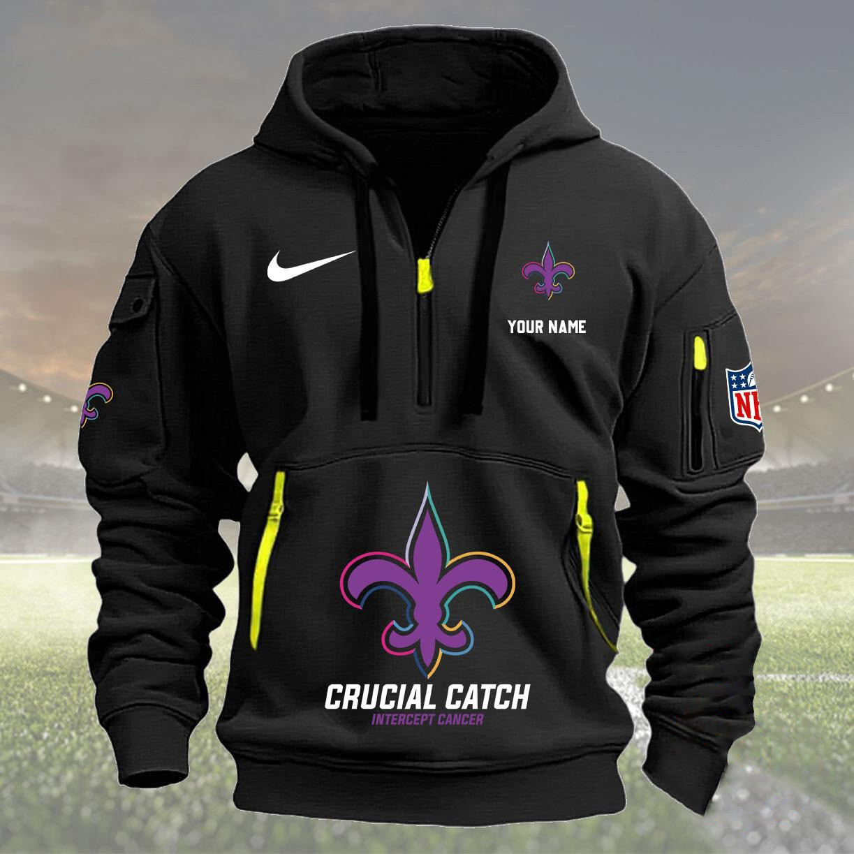 New Orleans Saints 2024 Quarter Half Zip Hoodie Crucial Catch Intercept Cancer - Famjoys New Orleans Saints 2024 Quarter Half Zip Hoodie Crucial Catch Intercept Cancer - Famjoys