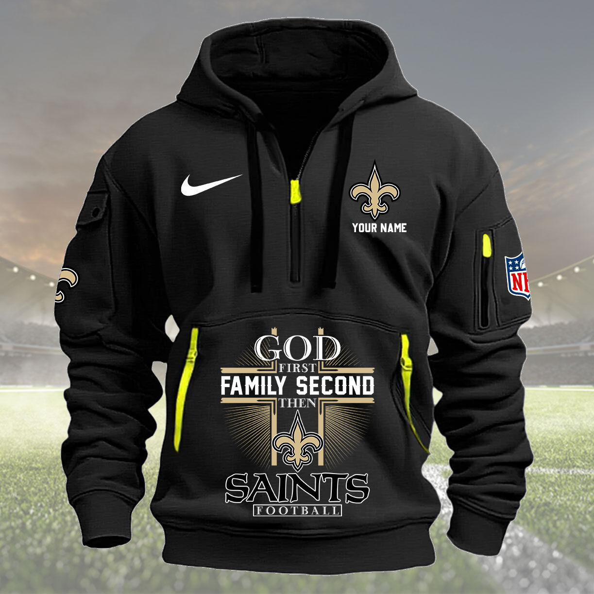 New Orleans Saints Personalized Quarter Zip Hoodie New Collection AZBTQZH000260 - Famjoys New Orleans Saints Personalized Quarter Zip Hoodie New Collection AZBTQZH000260 - Famjoys