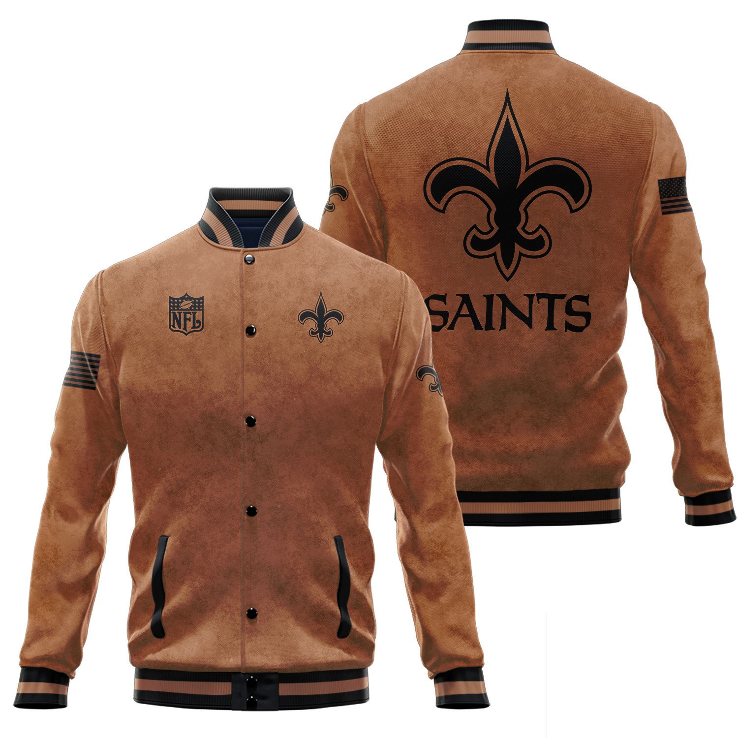 New Orleans Saints Salute To Service Club Baseball Jacket Varsity Jacket - Brown - Famjoys New Orleans Saints Salute To Service Club Baseball Jacket Varsity Jacket - Brown - Famjoys