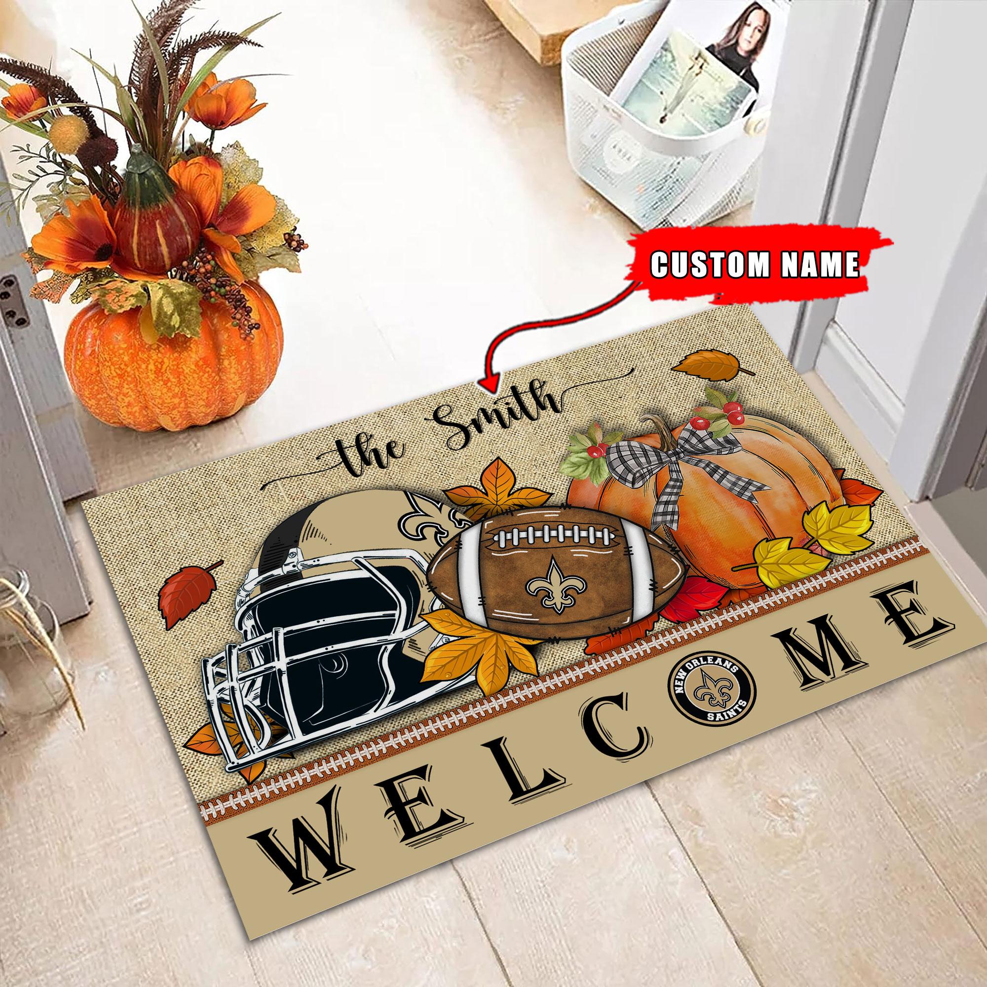 New Orleans Saints Welcome Fall Football Doormat - Famjoys New Orleans Saints Welcome Fall Football Doormat - Famjoys