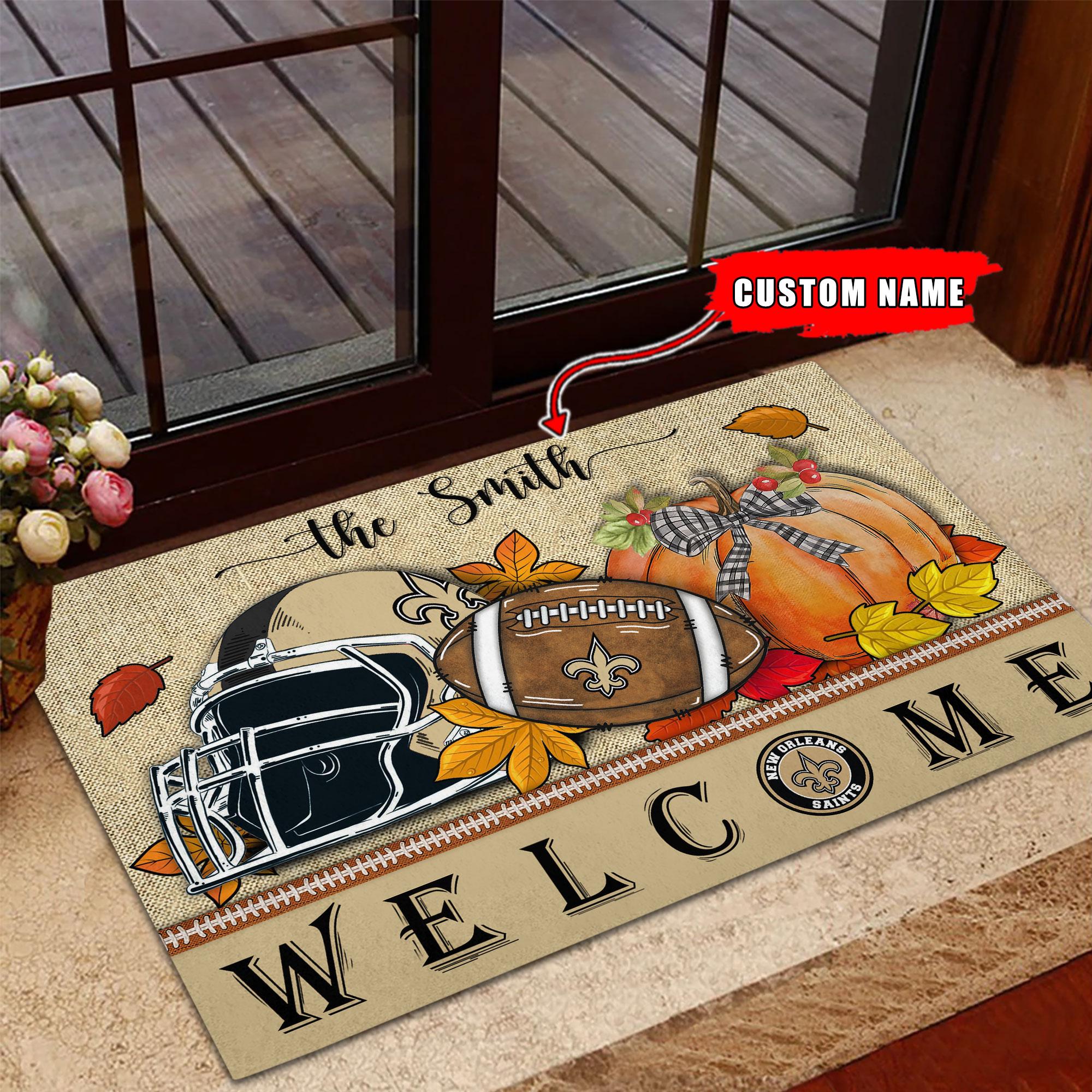 New Orleans Saints Welcome Fall Football Doormat - Famjoys New Orleans Saints Welcome Fall Football Doormat - Famjoys