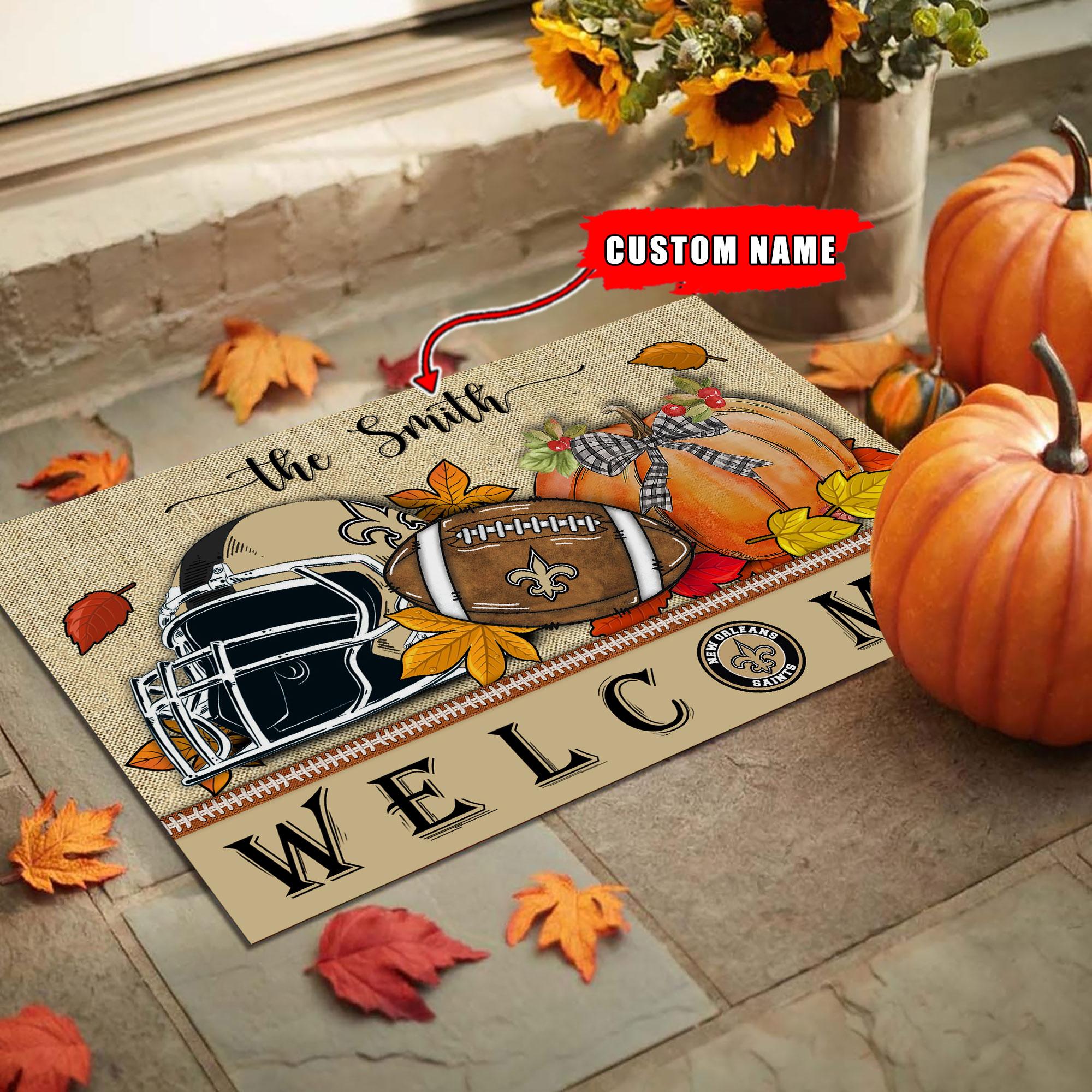 New Orleans Saints Welcome Fall Football Doormat - Famjoys New Orleans Saints Welcome Fall Football Doormat - Famjoys