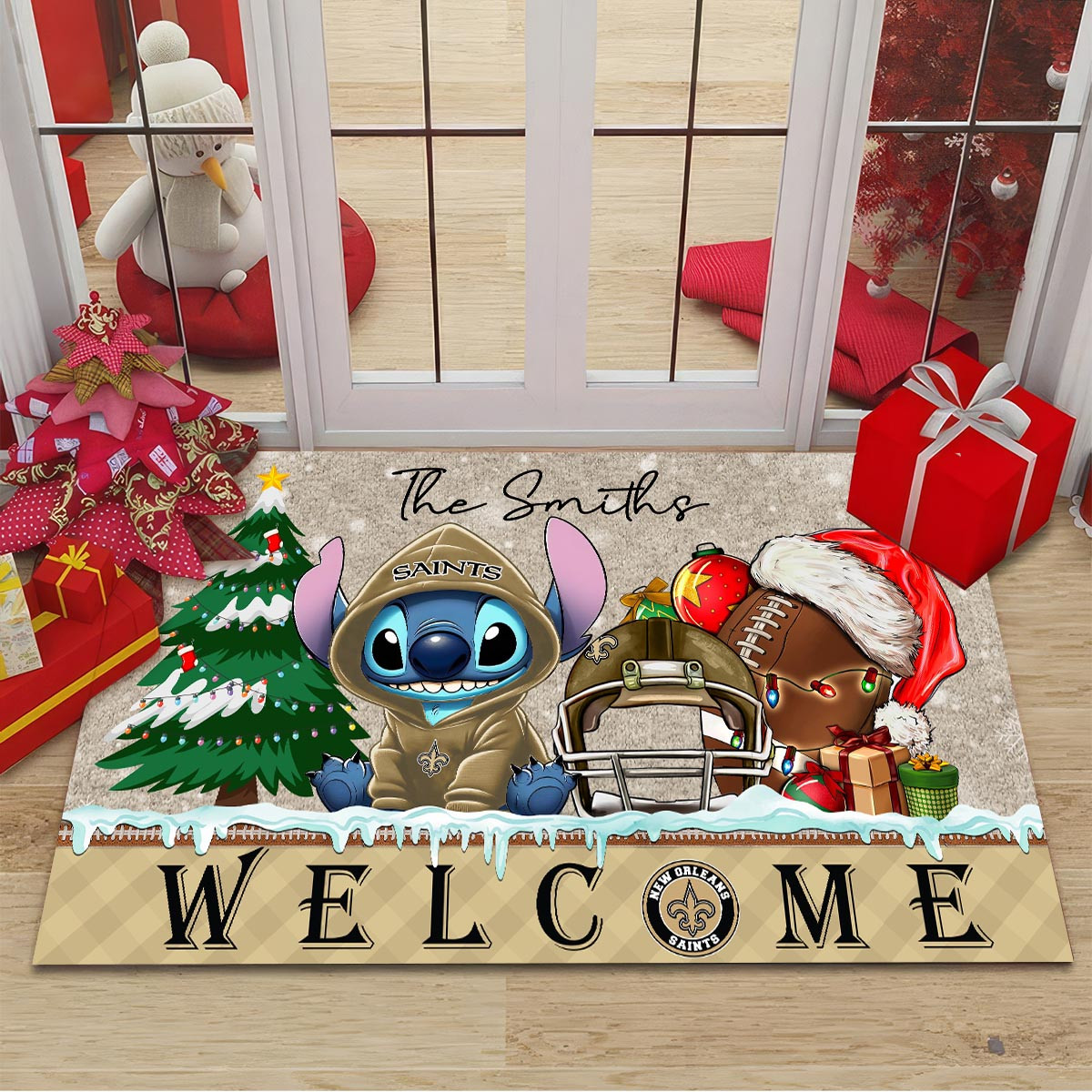 New OrleansSaints Cute Stitch Christmas Doormat - Famjoys New OrleansSaints Cute Stitch Christmas Doormat - Famjoys