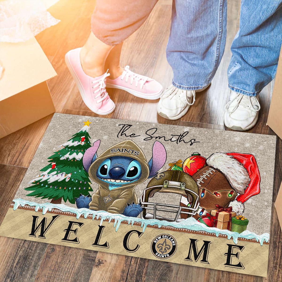 New OrleansSaints Cute Stitch Christmas Doormat - Famjoys New OrleansSaints Cute Stitch Christmas Doormat - Famjoys