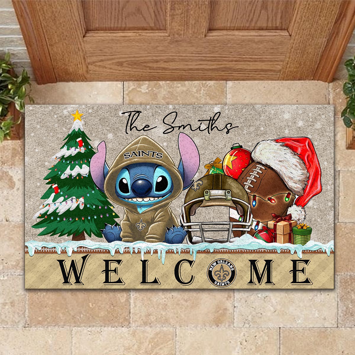 New OrleansSaints Cute Stitch Christmas Doormat - Famjoys New OrleansSaints Cute Stitch Christmas Doormat - Famjoys