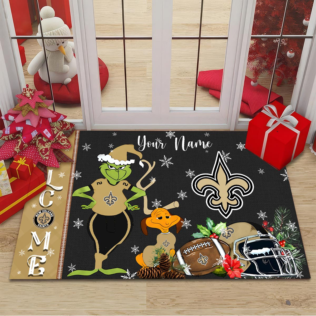 New OrleansSaints Grinch Christmas Welcome Football Doormat - Famjoys New OrleansSaints Grinch Christmas Welcome Football Doormat - Famjoys