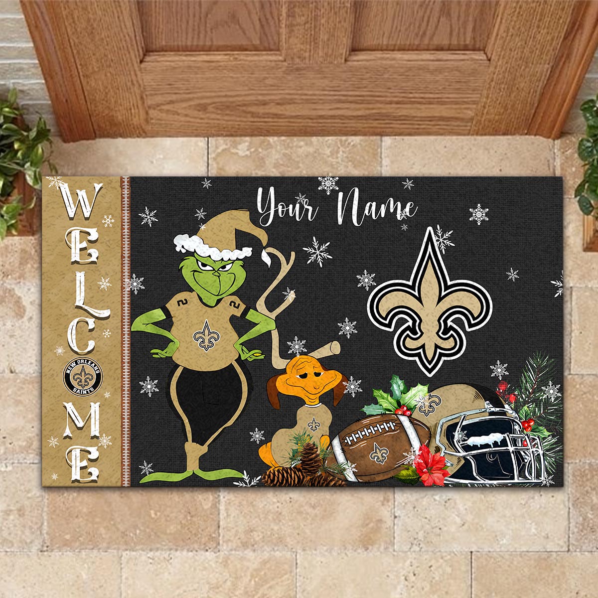 New OrleansSaints Grinch Christmas Welcome Football Doormat - Famjoys New OrleansSaints Grinch Christmas Welcome Football Doormat - Famjoys