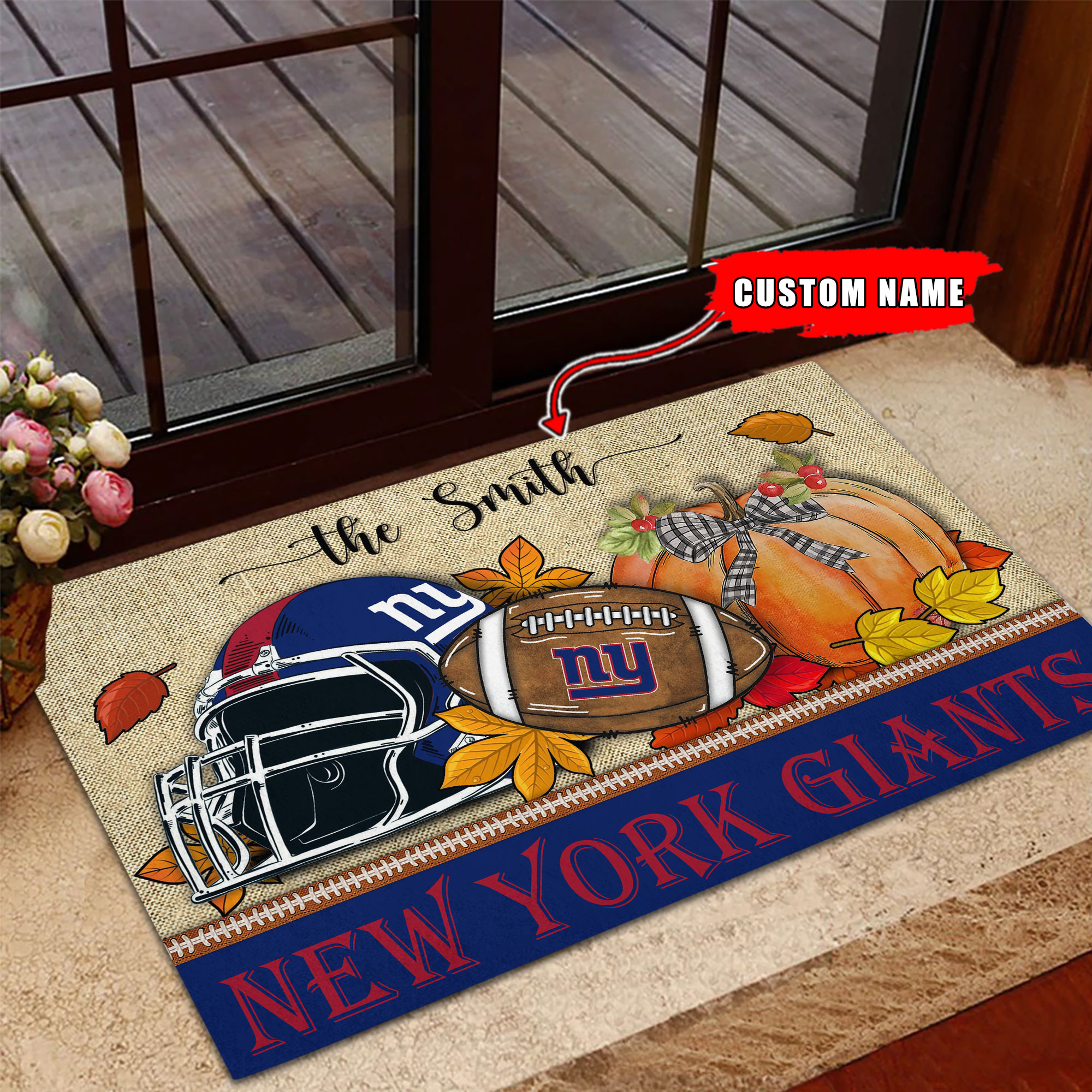 New York Giants Fall Football Doormat - Famjoys New York Giants Fall Football Doormat - Famjoys