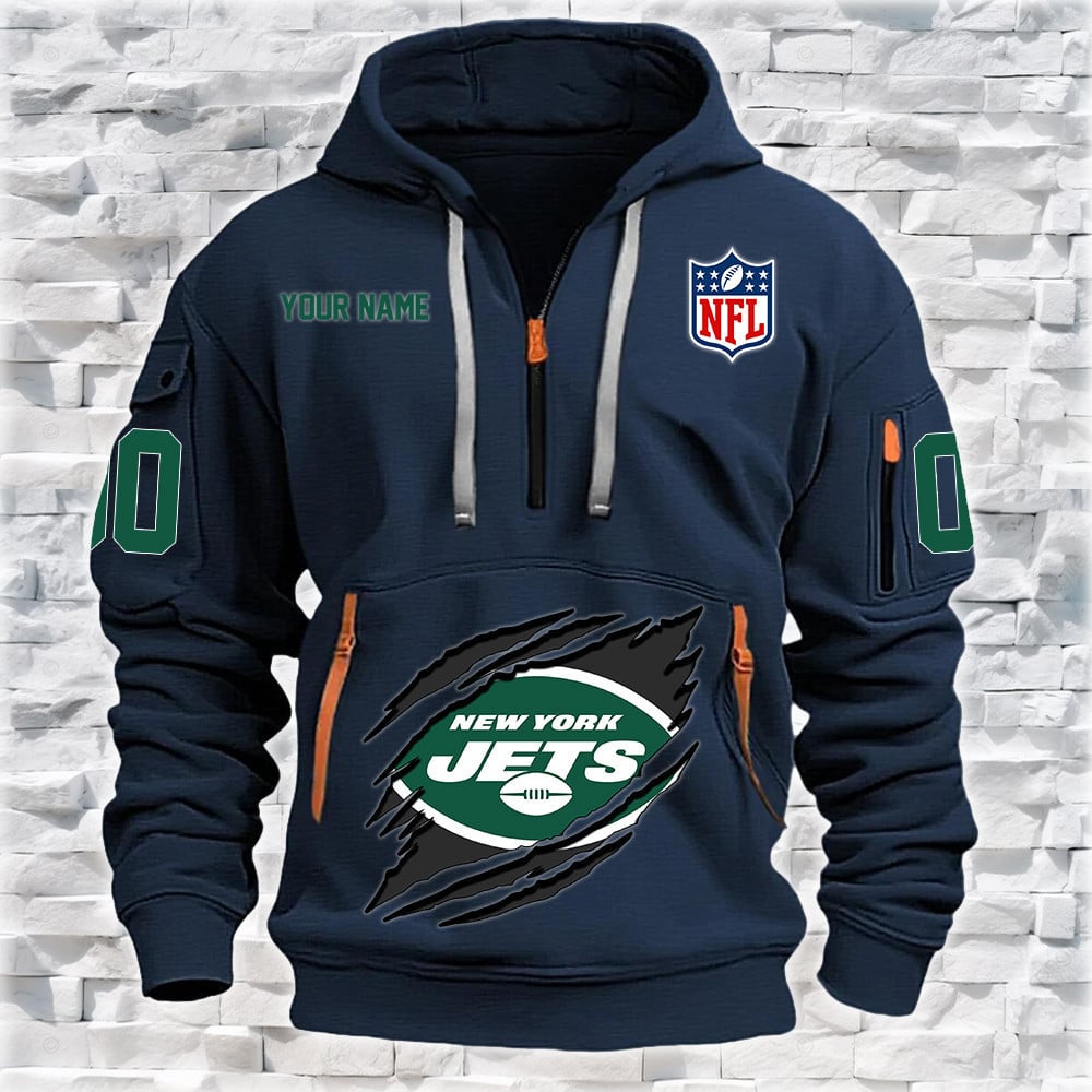 New York Jets New Personalized Quarter Zip Hoodie NA025 - Famjoys New York Jets New Personalized Quarter Zip Hoodie NA025 - Famjoys