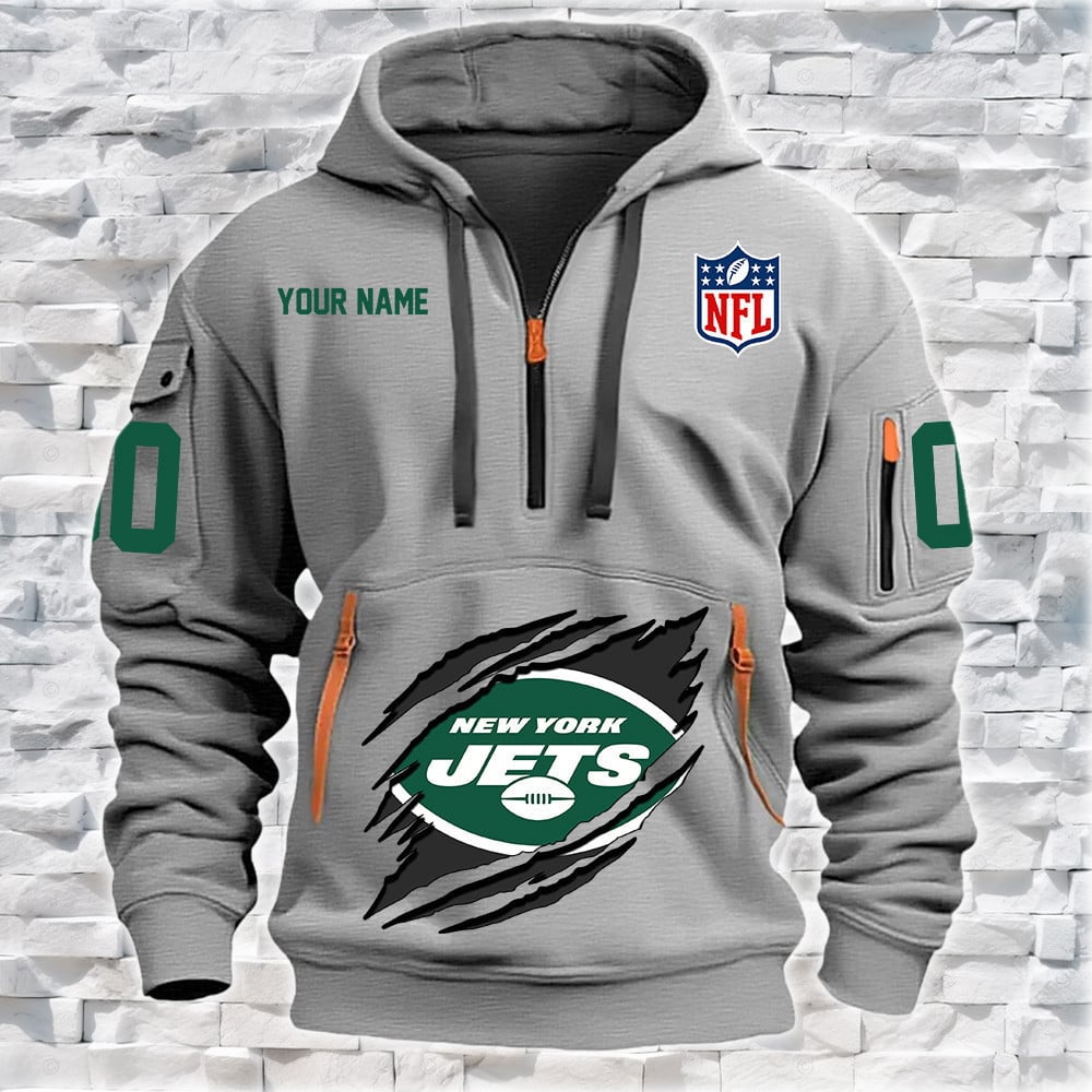 New York Jets New Personalized Quarter Zip Hoodie NA025 - Famjoys New York Jets New Personalized Quarter Zip Hoodie NA025 - Famjoys