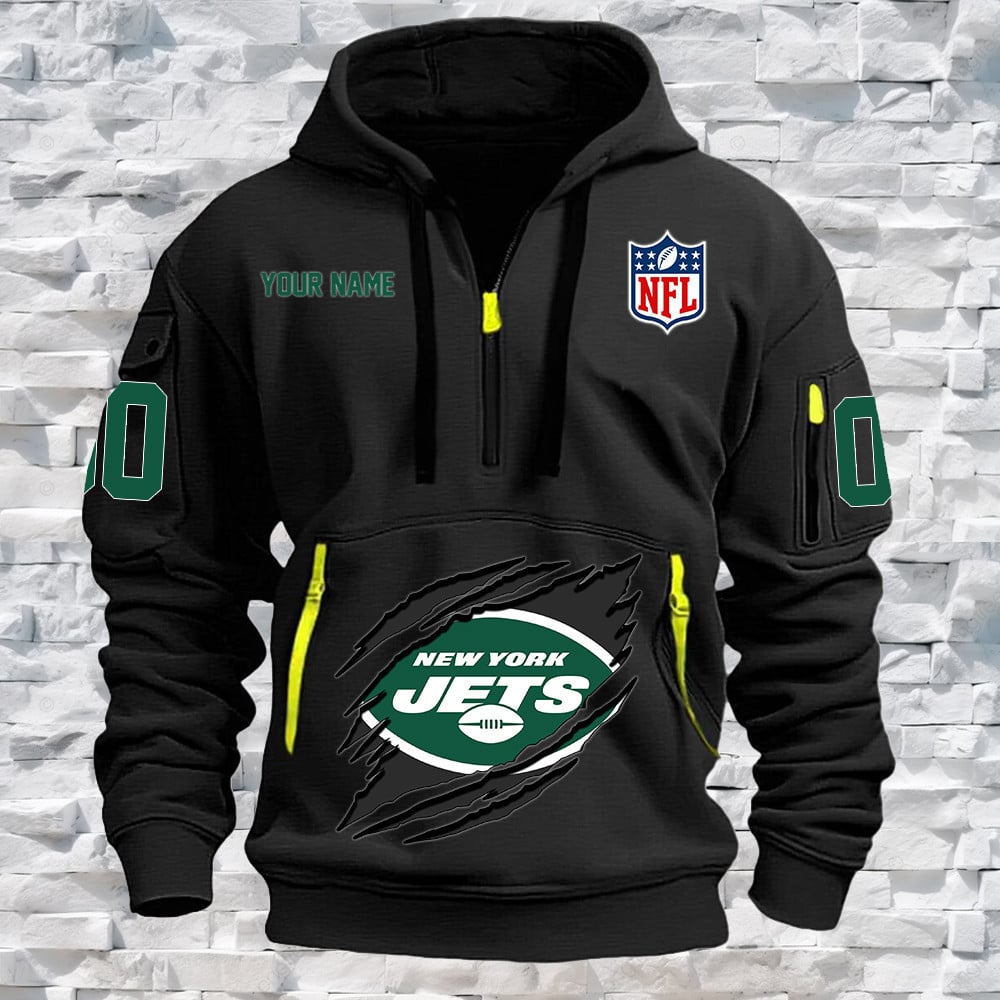 New York Jets New Personalized Quarter Zip Hoodie NA025 - Famjoys New York Jets New Personalized Quarter Zip Hoodie NA025 - Famjoys