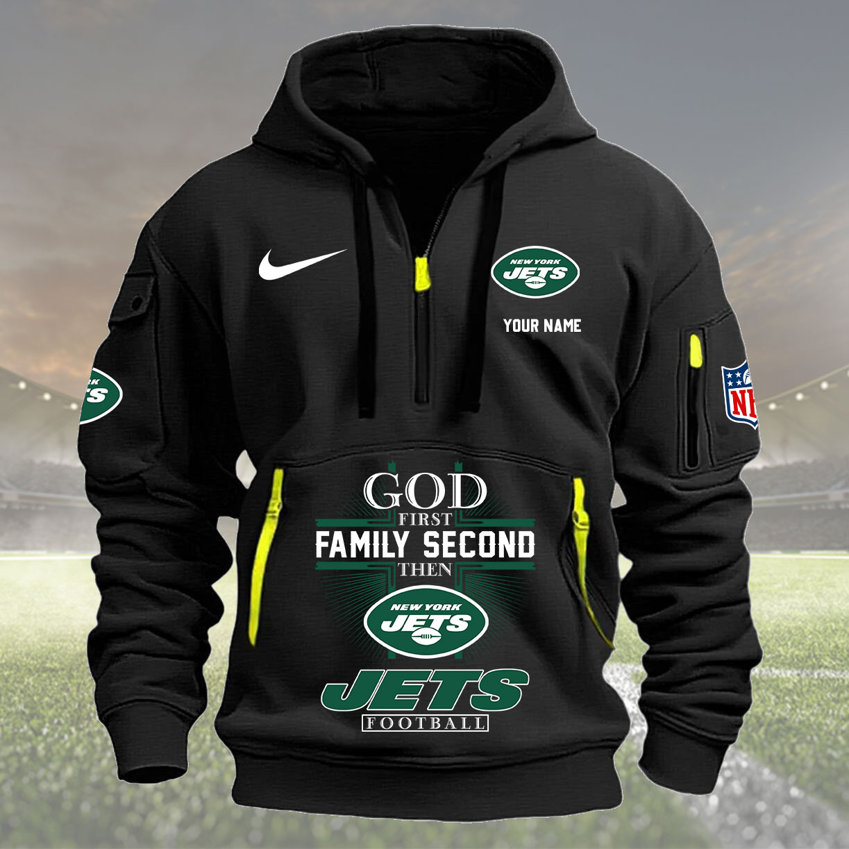 New York Jets Personalized Quarter Zip Hoodie New Collection AZBTQZH000262 - Famjoys New York Jets Personalized Quarter Zip Hoodie New Collection AZBTQZH000262 - Famjoys