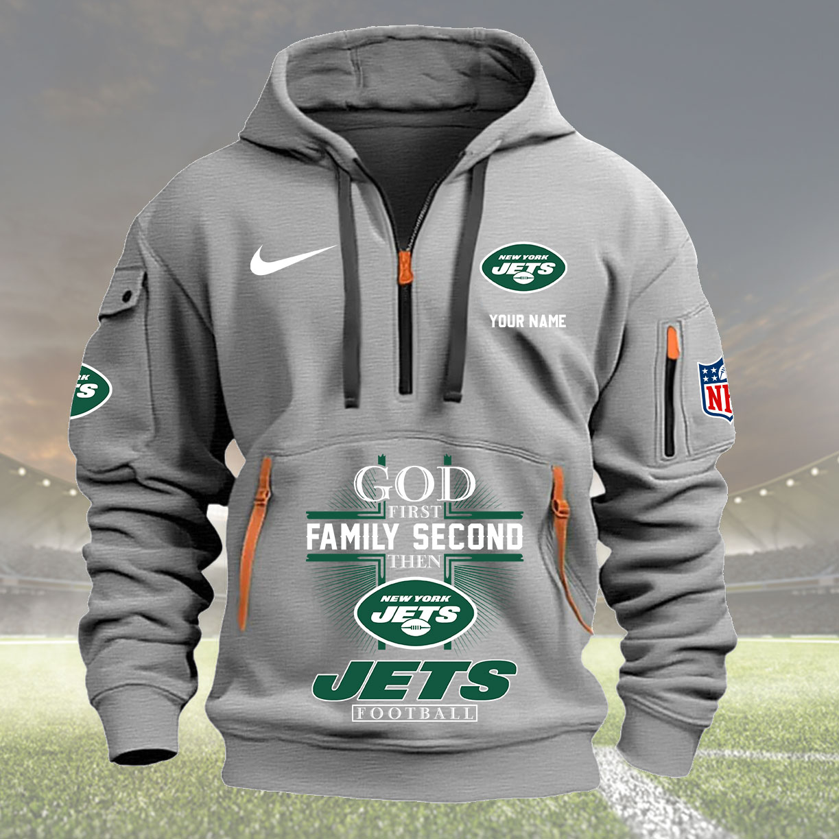 New York Jets Personalized Quarter Zip Hoodie New Collection AZBTQZH000262 - Famjoys New York Jets Personalized Quarter Zip Hoodie New Collection AZBTQZH000262 - Famjoys