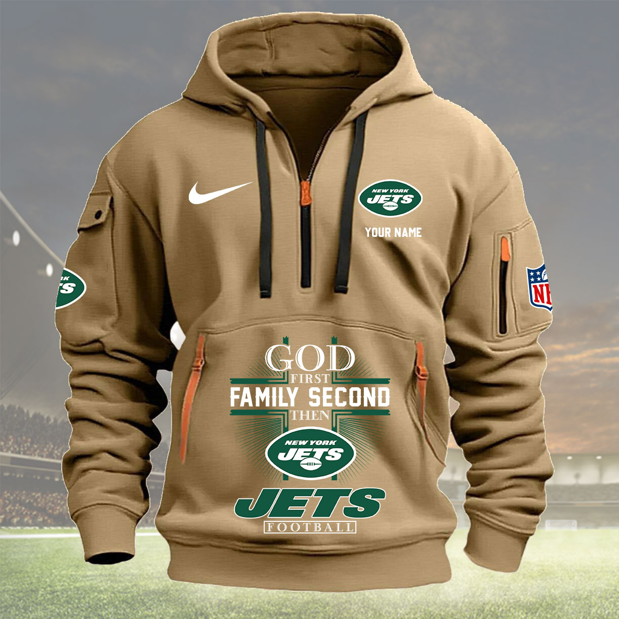 New York Jets Personalized Quarter Zip Hoodie New Collection AZBTQZH000262 - Famjoys New York Jets Personalized Quarter Zip Hoodie New Collection AZBTQZH000262 - Famjoys
