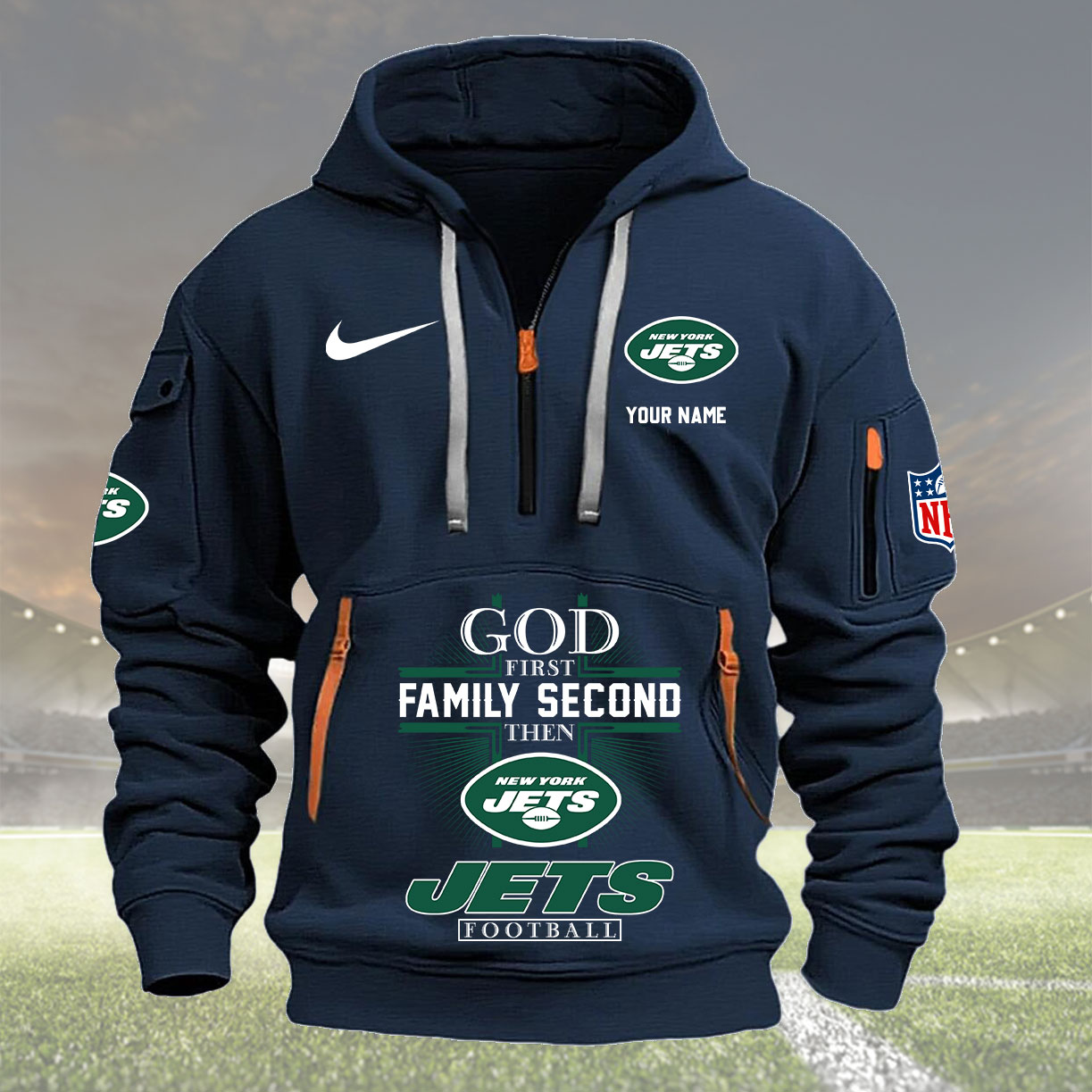 New York Jets Personalized Quarter Zip Hoodie New Collection AZBTQZH000262 - Famjoys New York Jets Personalized Quarter Zip Hoodie New Collection AZBTQZH000262 - Famjoys