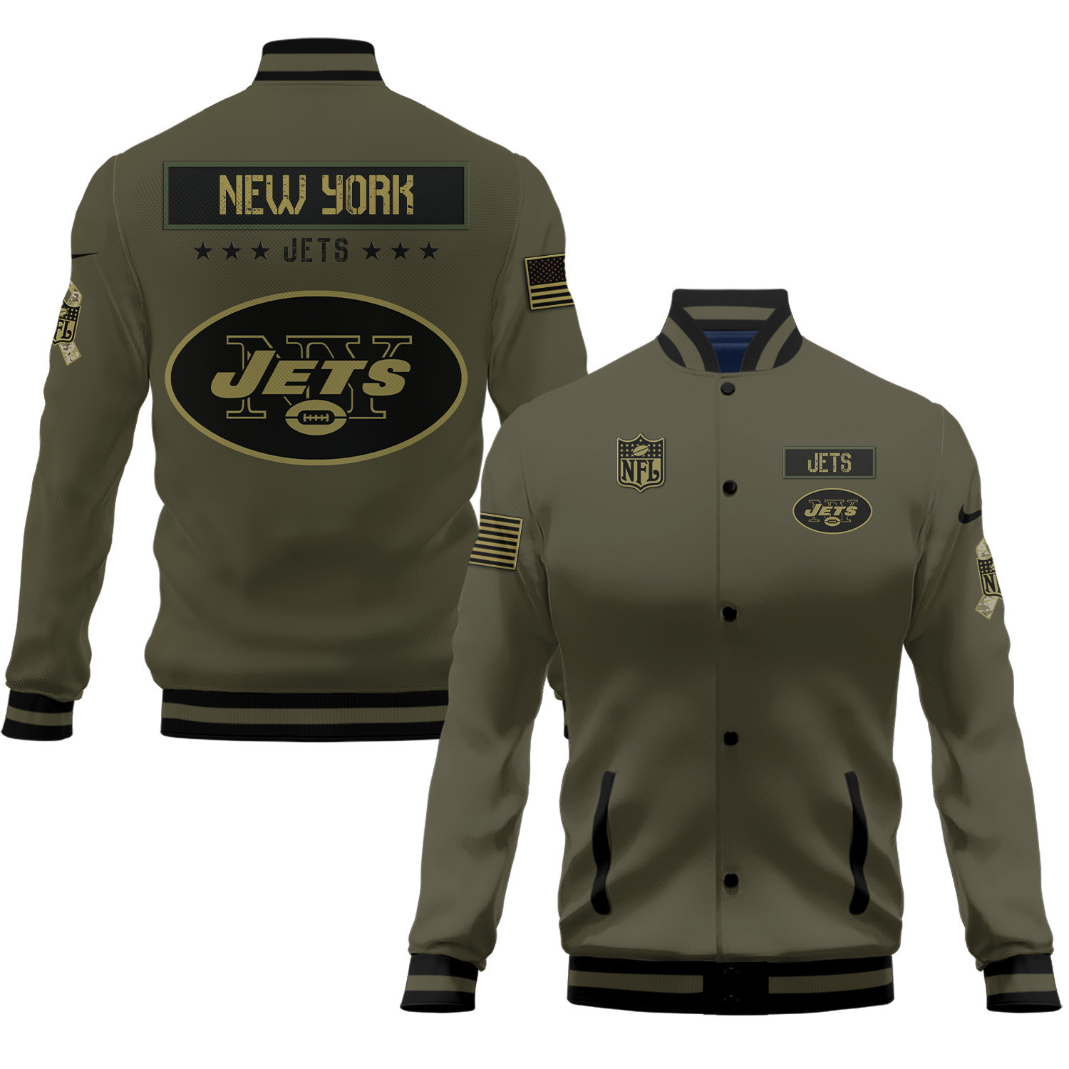 New York Jets Salute To Service Club Baseball Jacket Varsity Jacket - Green - Famjoys New York Jets Salute To Service Club Baseball Jacket Varsity Jacket - Green - Famjoys