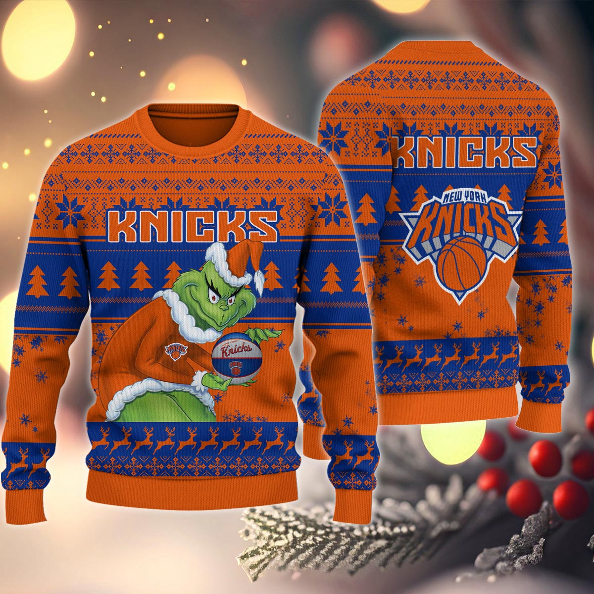 New York Knicks Grinch Christmas Ugly Sweater - Famjoys New York Knicks Grinch Christmas Ugly Sweater - Famjoys