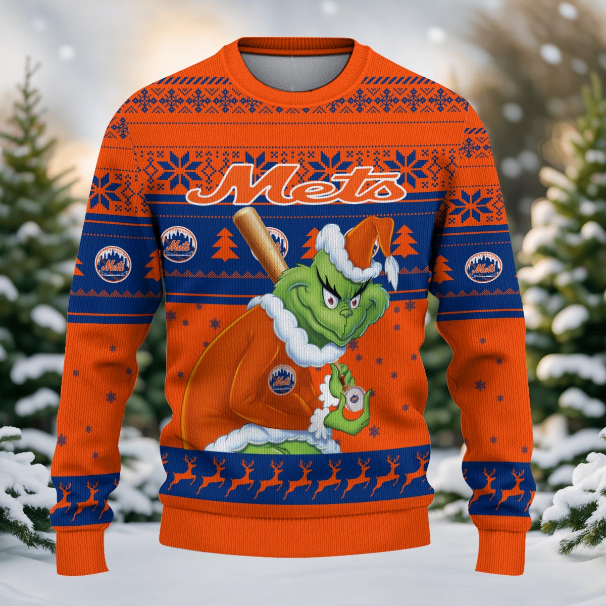 New York Mets Grinch Christmas Ugly Sweater - Famjoys New York Mets Grinch Christmas Ugly Sweater - Famjoys