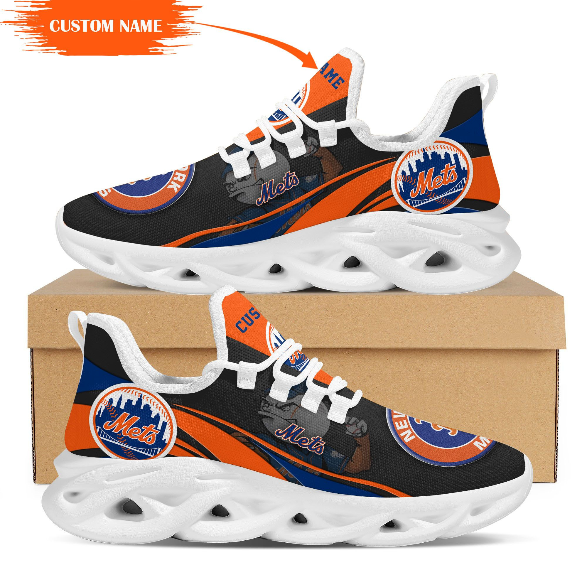 New York Mets Mascot Custom Name Personalized Max Soul Sneakers - Famjoys New York Mets Mascot Custom Name Personalized Max Soul Sneakers - Famjoys