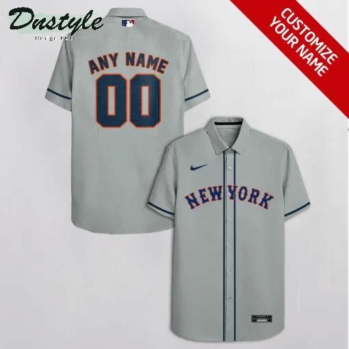 New York Mets Personalized Grey Hawaiian Shirt - Famjoys New York Mets Personalized Grey Hawaiian Shirt - Famjoys
