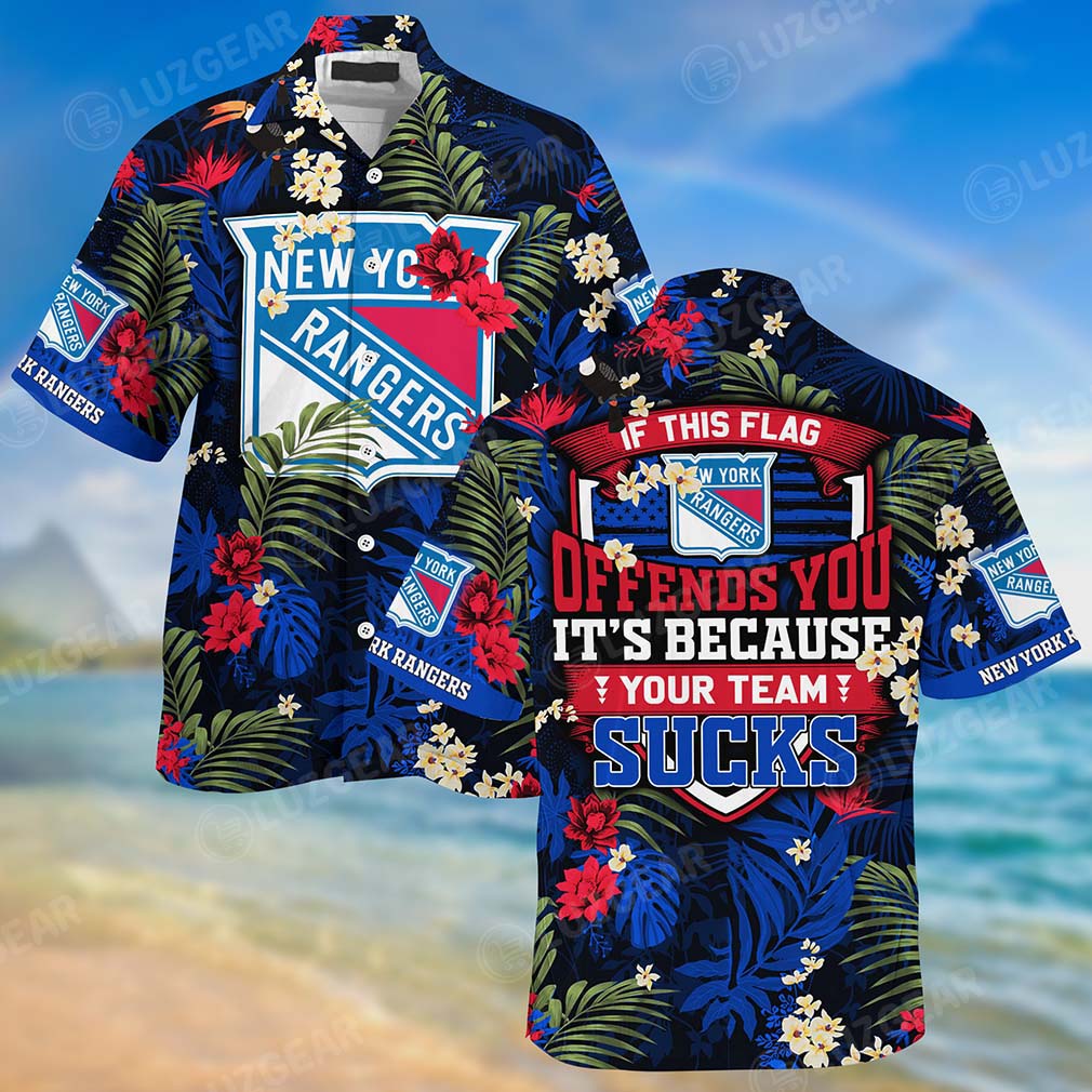 New York Rangers Hawaiian Shirt With Tropical Patterns If This Flag Offends You It's Because You Team Sucks - Famjoys New York Rangers Hawaiian Shirt With Tropical Patterns If This Flag Offends You It's Because You Team Sucks - Famjoys