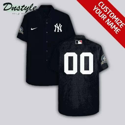 New York Yankees Personalized Name And Number Black Hawaiian Shirt - Famjoys New York Yankees Personalized Name And Number Black Hawaiian Shirt - Famjoys