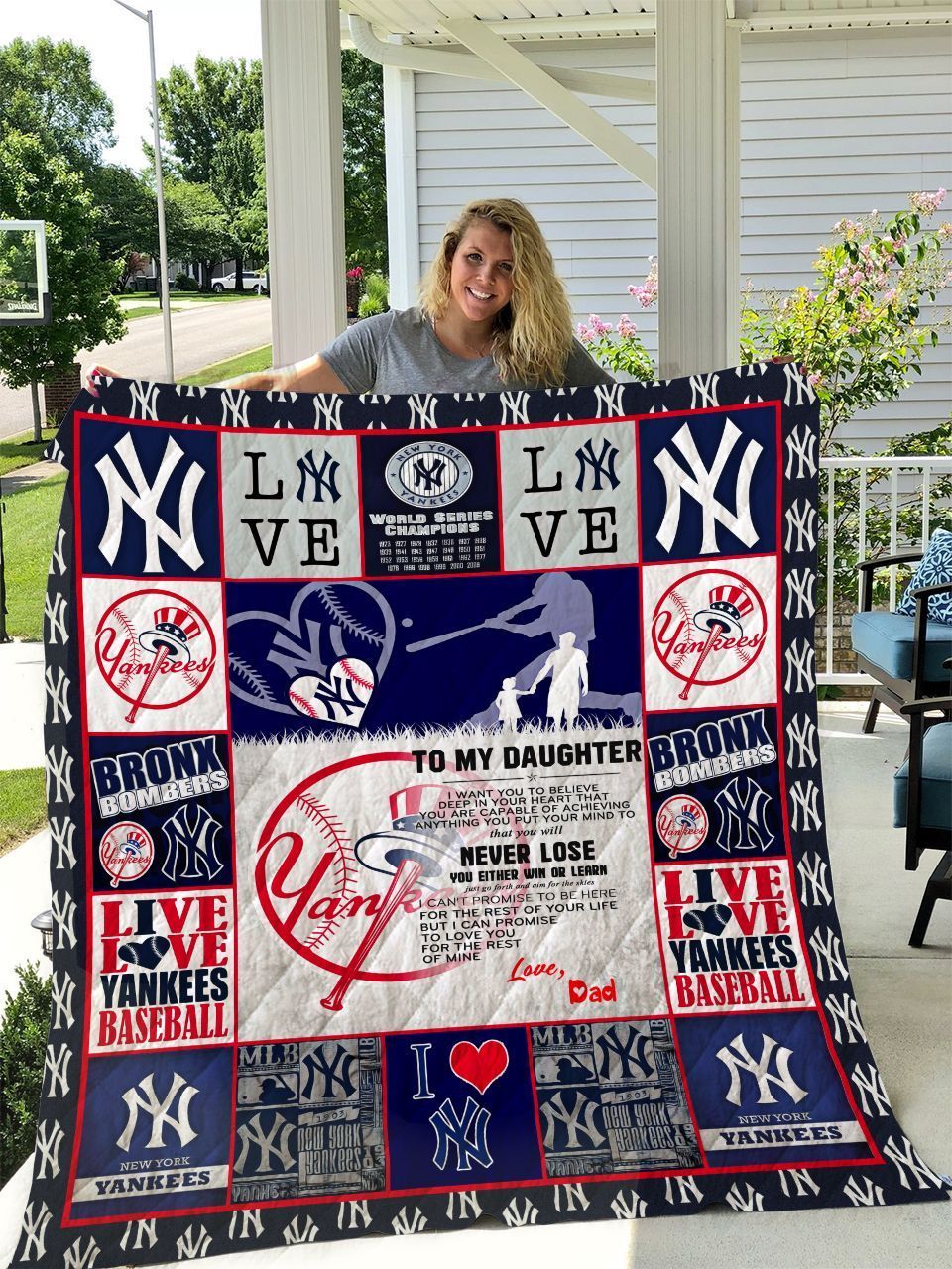 New York Yankees To My Daughter Love Dad Quilt Blanket - Famjoys New York Yankees To My Daughter Love Dad Quilt Blanket - Famjoys