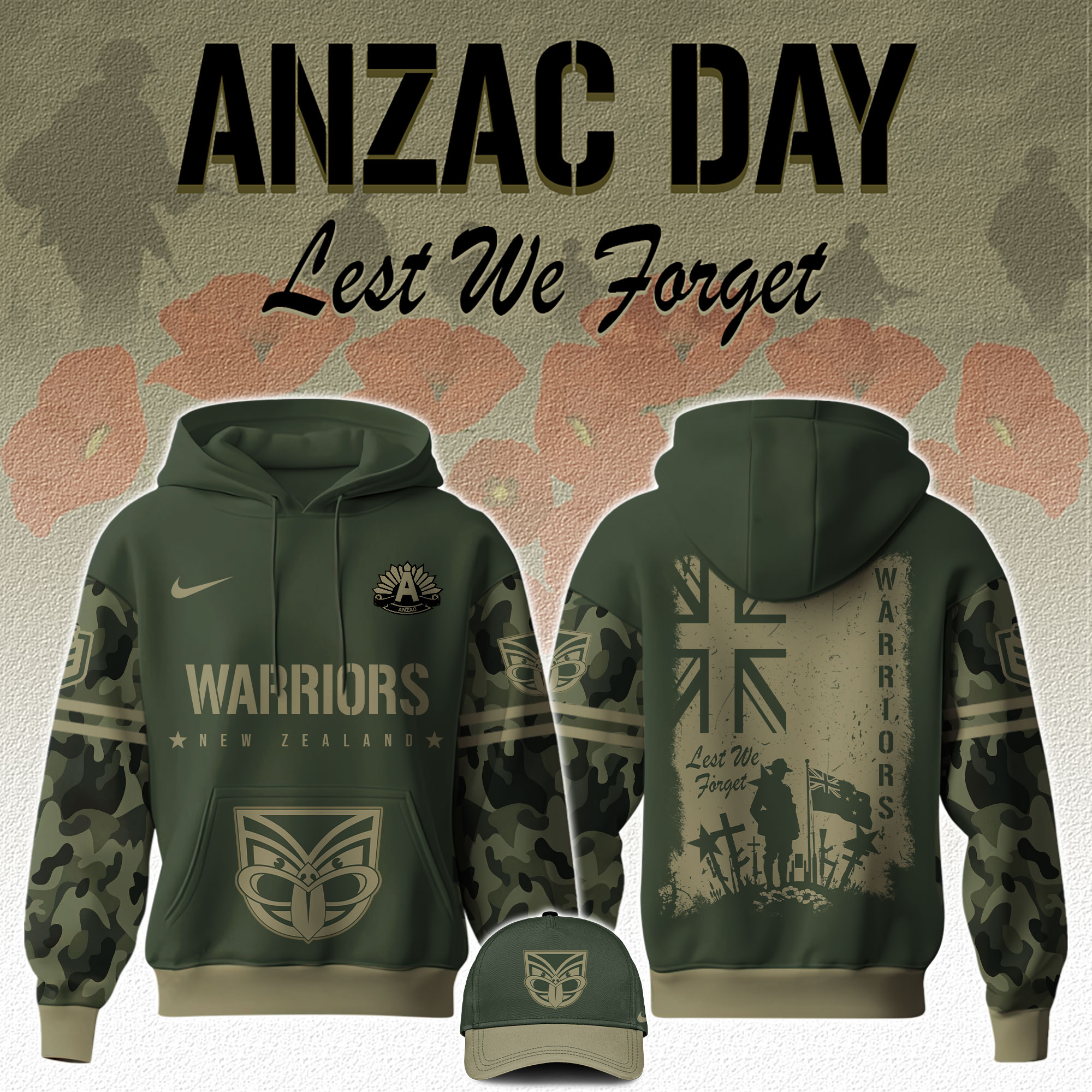 New Zealand Warriors x Anzac Day Hoodie 2025 - Famjoys New Zealand Warriors x Anzac Day Hoodie 2025 - Famjoys