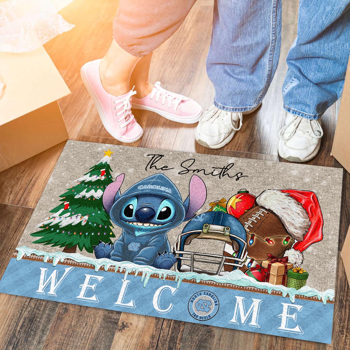 North Carolina Tar Heels Cute Stitch Christmas Doormat - Famjoys North Carolina Tar Heels Cute Stitch Christmas Doormat - Famjoys