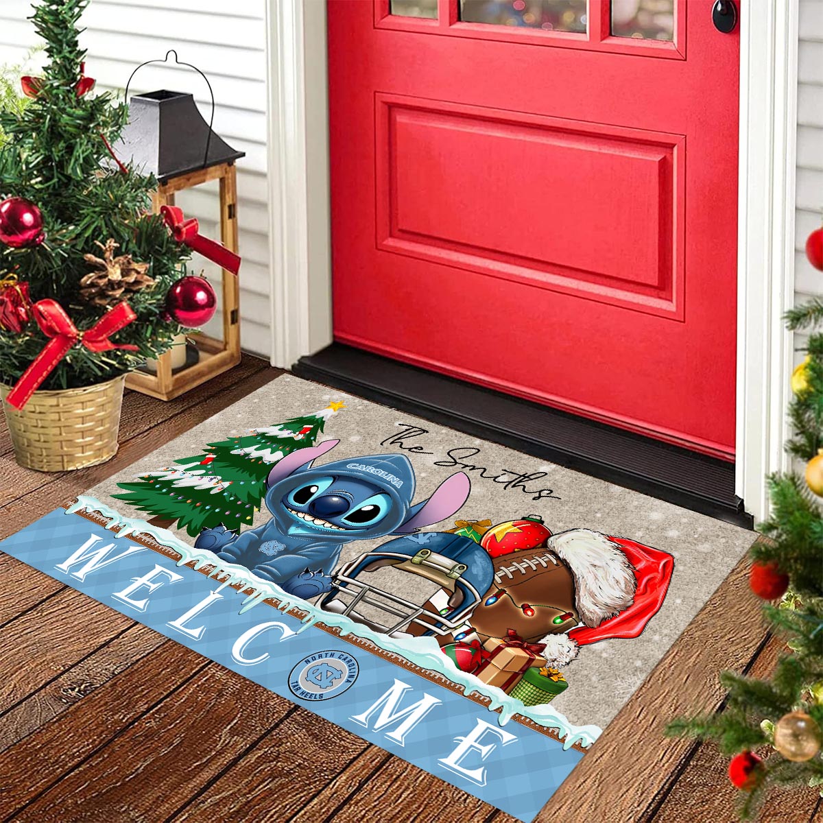 North Carolina Tar Heels Cute Stitch Christmas Doormat - Famjoys North Carolina Tar Heels Cute Stitch Christmas Doormat - Famjoys
