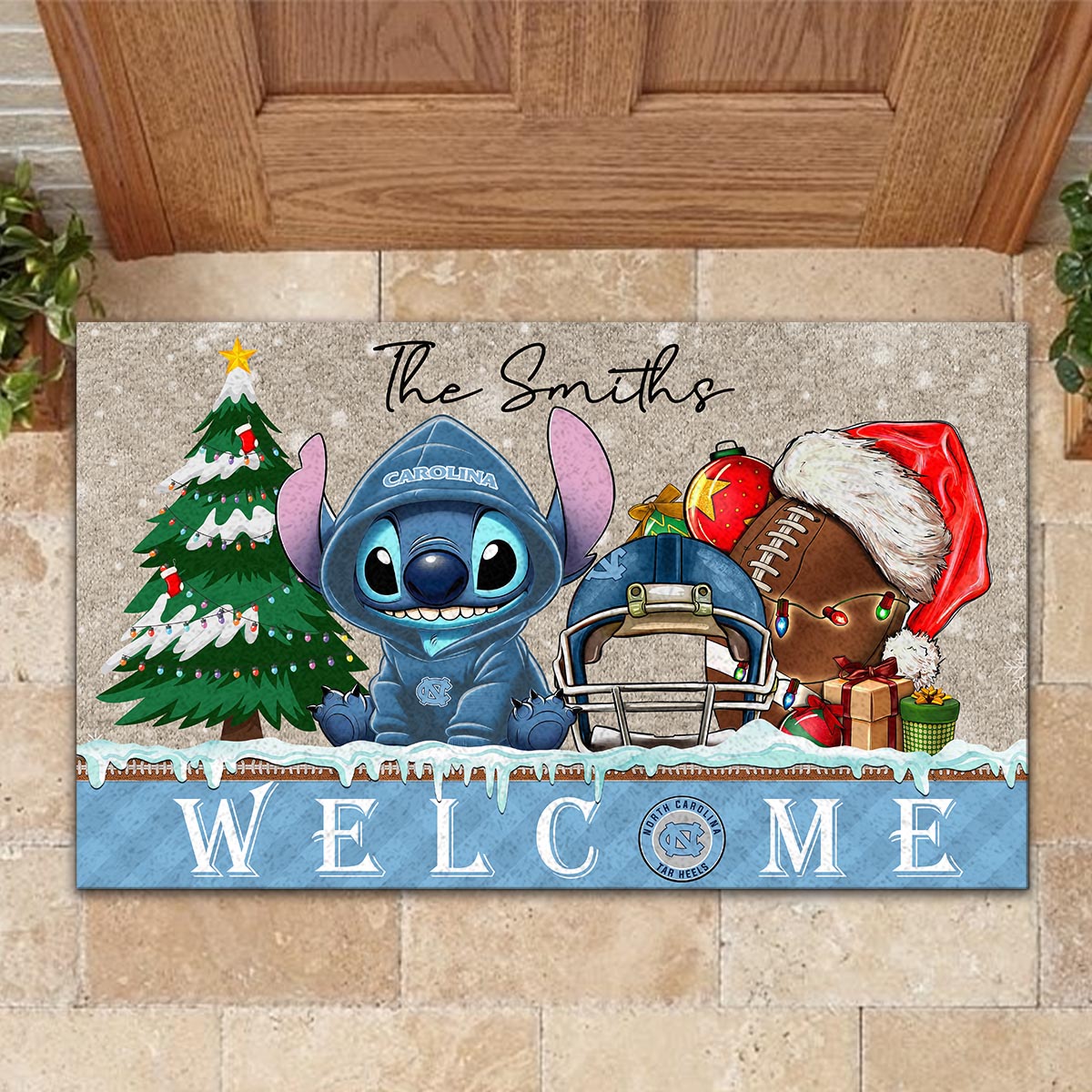 North Carolina Tar Heels Cute Stitch Christmas Doormat - Famjoys North Carolina Tar Heels Cute Stitch Christmas Doormat - Famjoys