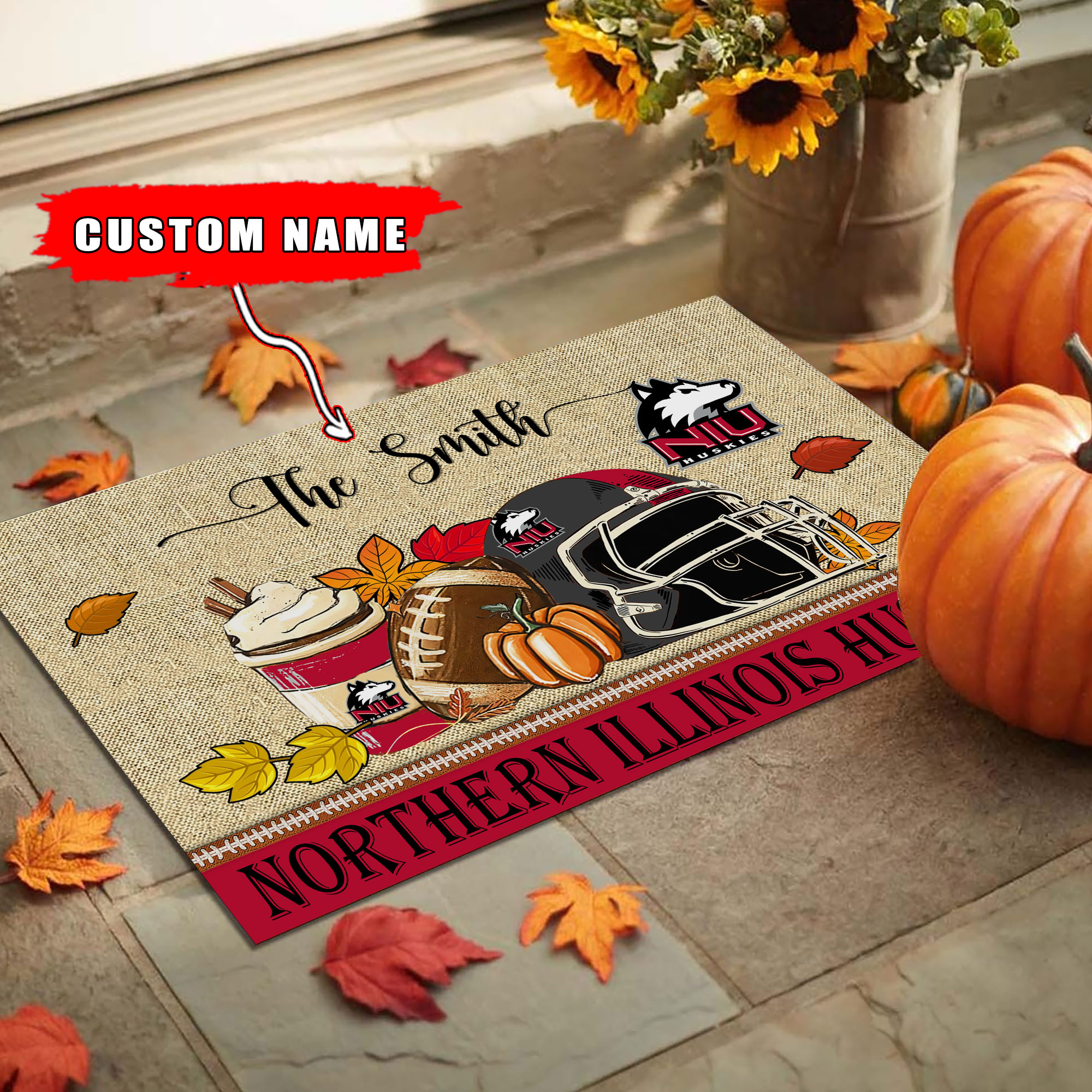 Northern Illinois Huskies Fall Football Custom Doormat - Custom Text - Famjoys Northern Illinois Huskies Fall Football Custom Doormat - Custom Text - Famjoys