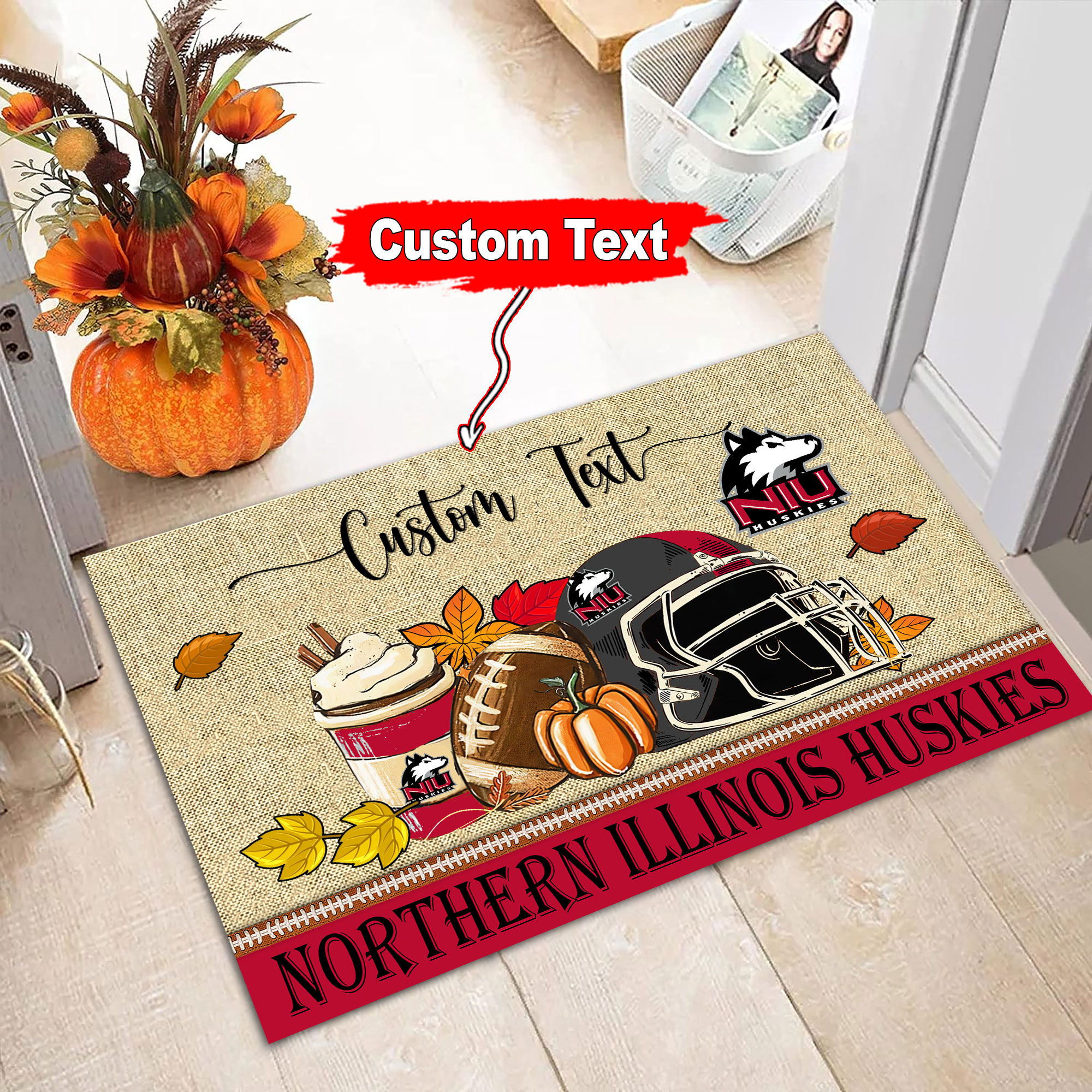 Northern Illinois Huskies Fall Football Custom Doormat - Custom Text - Famjoys Northern Illinois Huskies Fall Football Custom Doormat - Custom Text - Famjoys