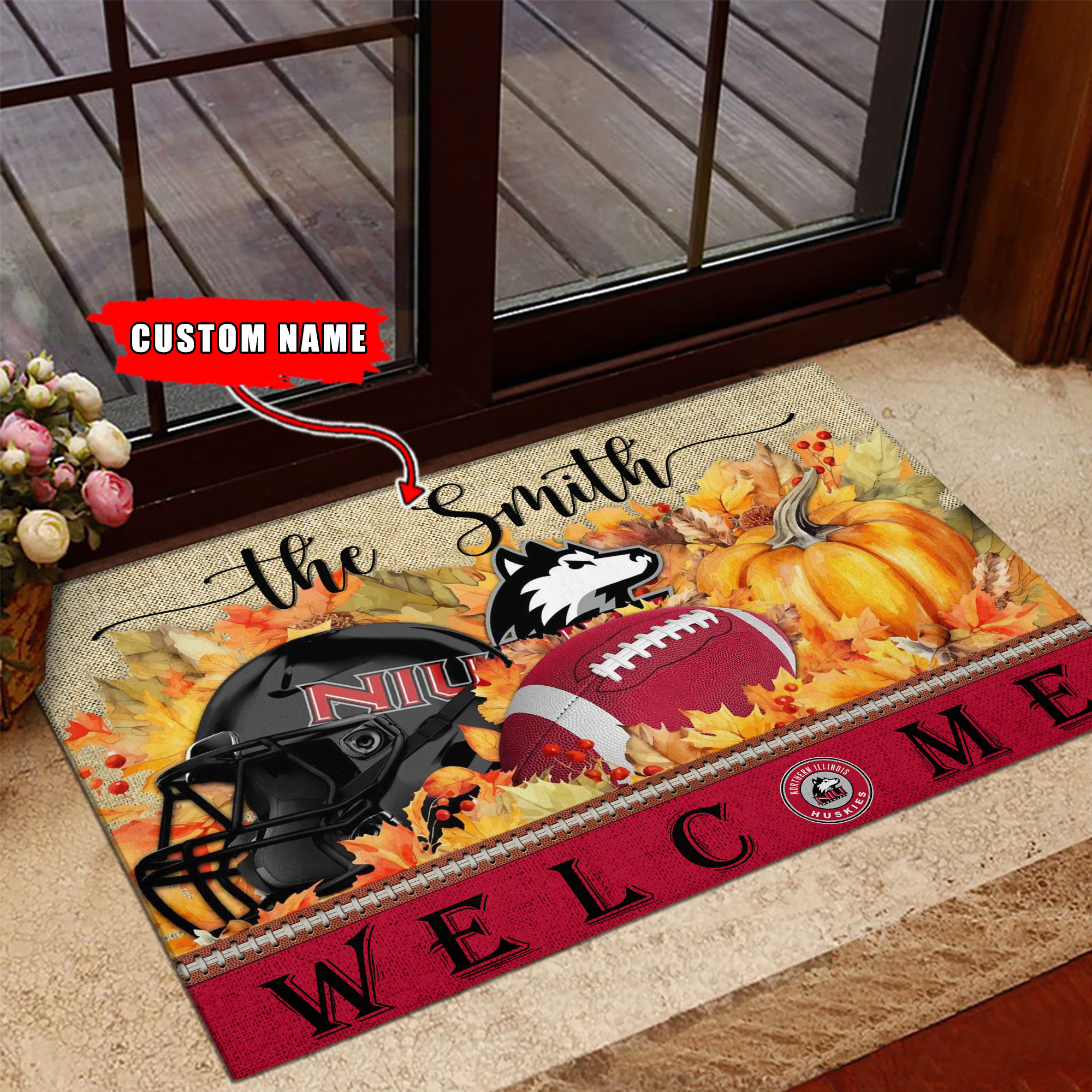 Northern Illinois Huskies Welcome Fall Football Doormat - Famjoys Northern Illinois Huskies Welcome Fall Football Doormat - Famjoys