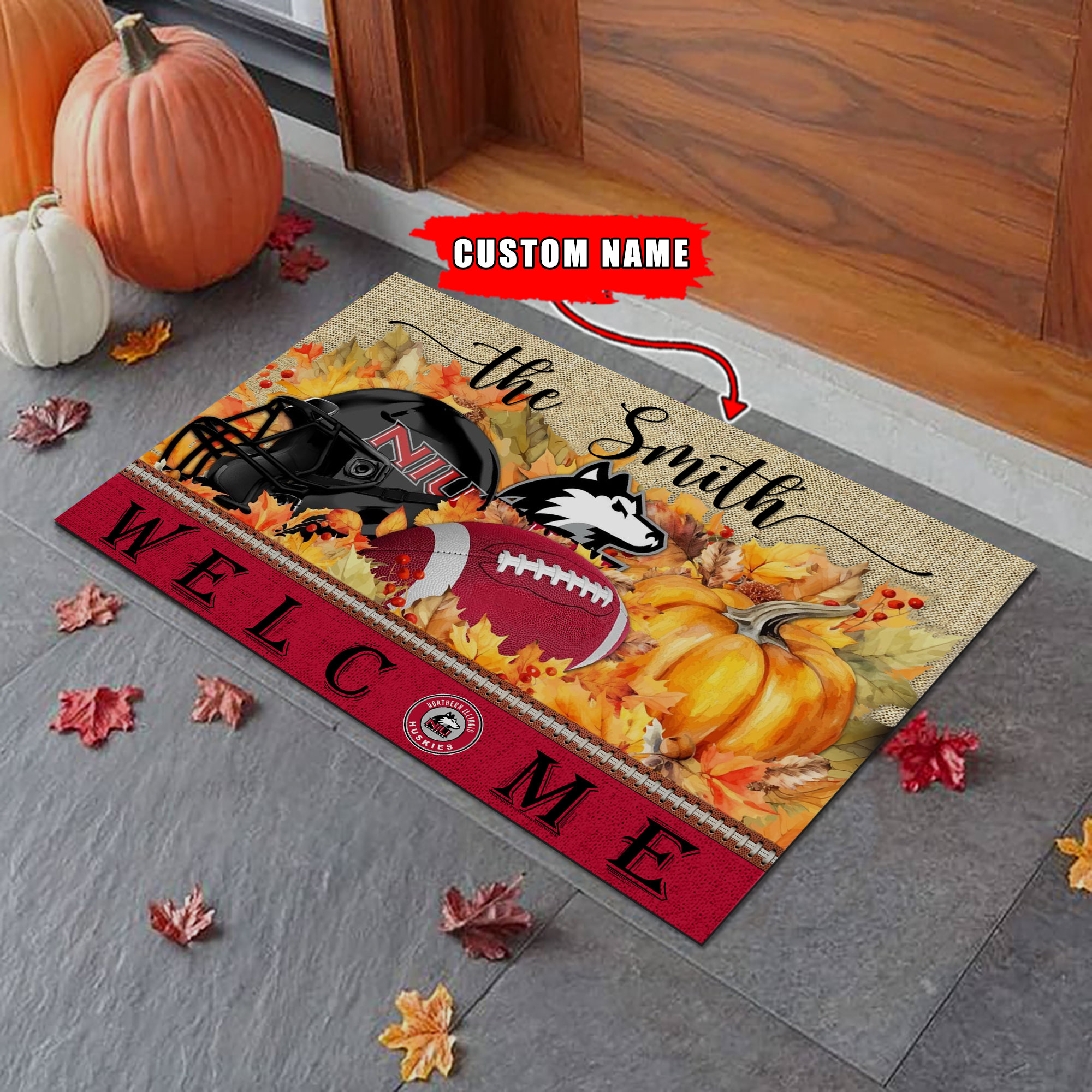 Northern Illinois Huskies Welcome Fall Football Doormat - Famjoys Northern Illinois Huskies Welcome Fall Football Doormat - Famjoys