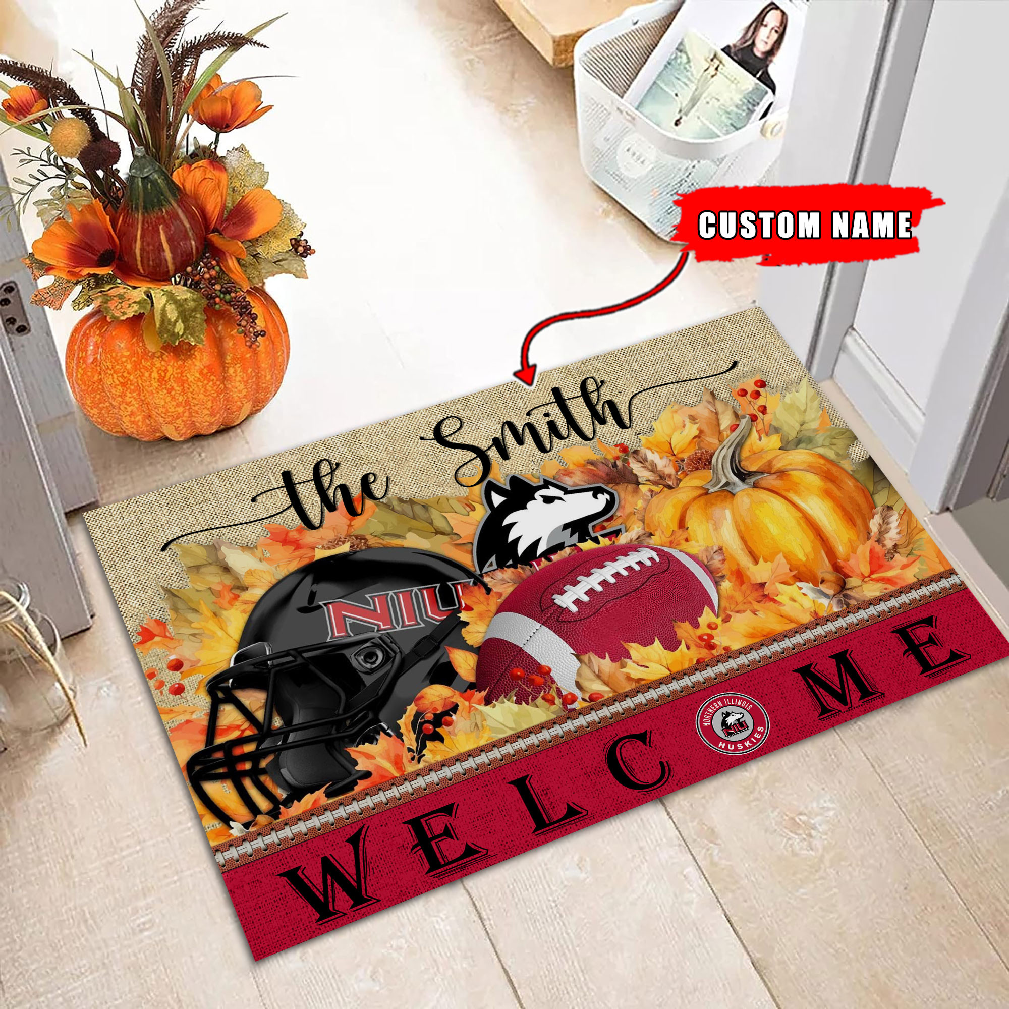 Northern Illinois Huskies Welcome Fall Football Doormat - Famjoys Northern Illinois Huskies Welcome Fall Football Doormat - Famjoys