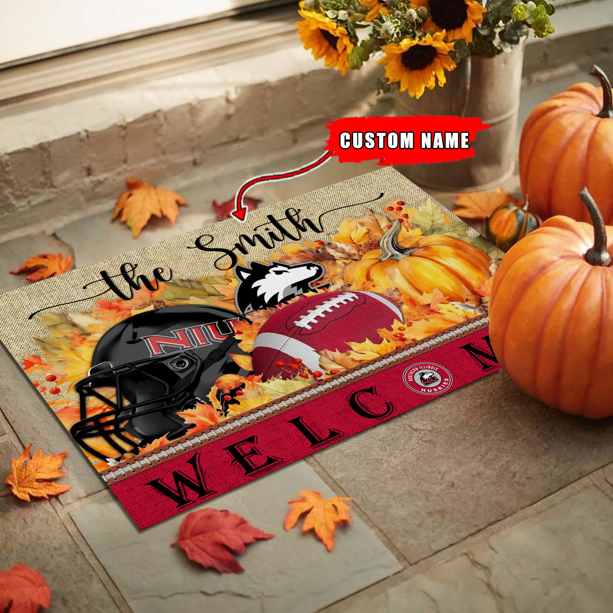 Northern Illinois Huskies Welcome Fall Football Doormat - Famjoys Northern Illinois Huskies Welcome Fall Football Doormat - Famjoys
