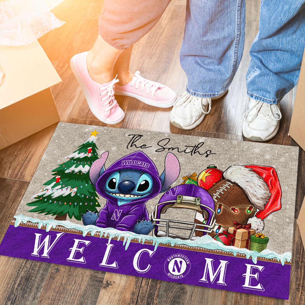 Northwestern Wildcats Cute Stitch Christmas Doormat - Famjoys Northwestern Wildcats Cute Stitch Christmas Doormat - Famjoys
