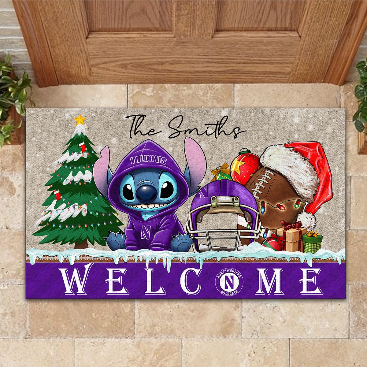 Northwestern Wildcats Cute Stitch Christmas Doormat - Famjoys Northwestern Wildcats Cute Stitch Christmas Doormat - Famjoys