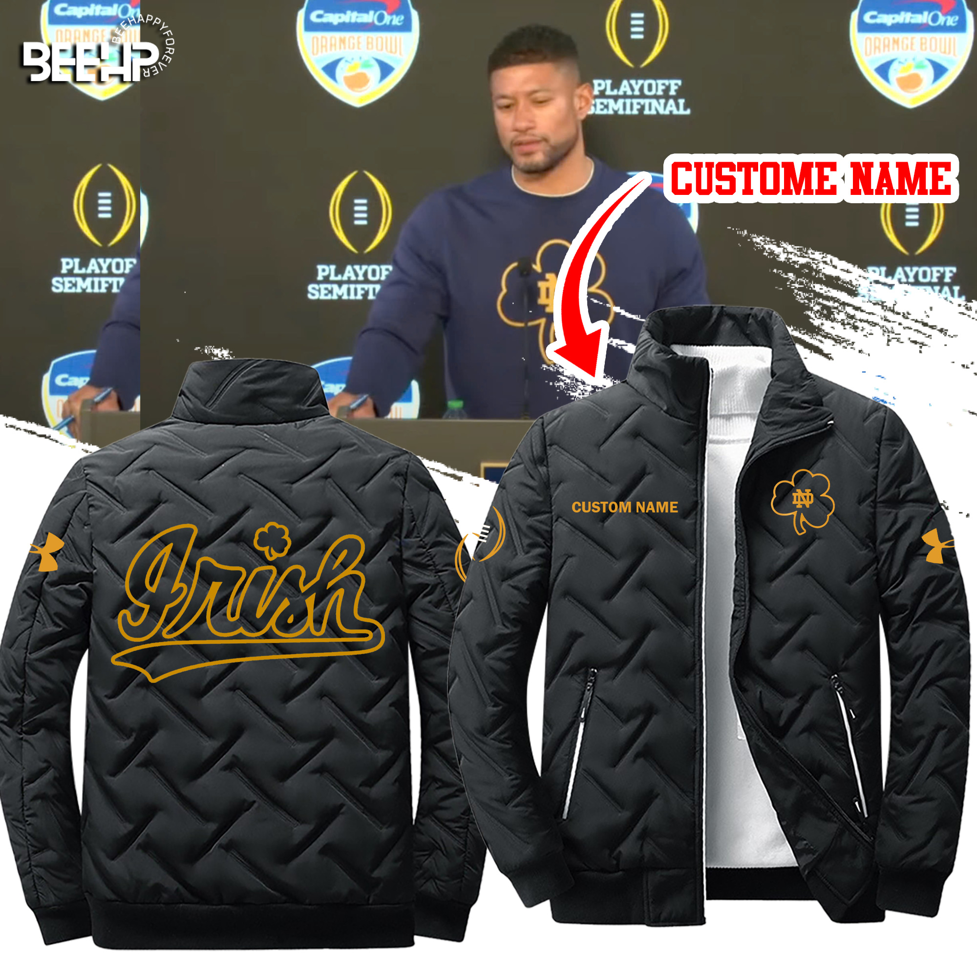 Notre Dame Fighting Irish Coach Marcus Freeman CLOVER 3D Puffer Jacket - Famjoys Notre Dame Fighting Irish Coach Marcus Freeman CLOVER 3D Puffer Jacket - Famjoys