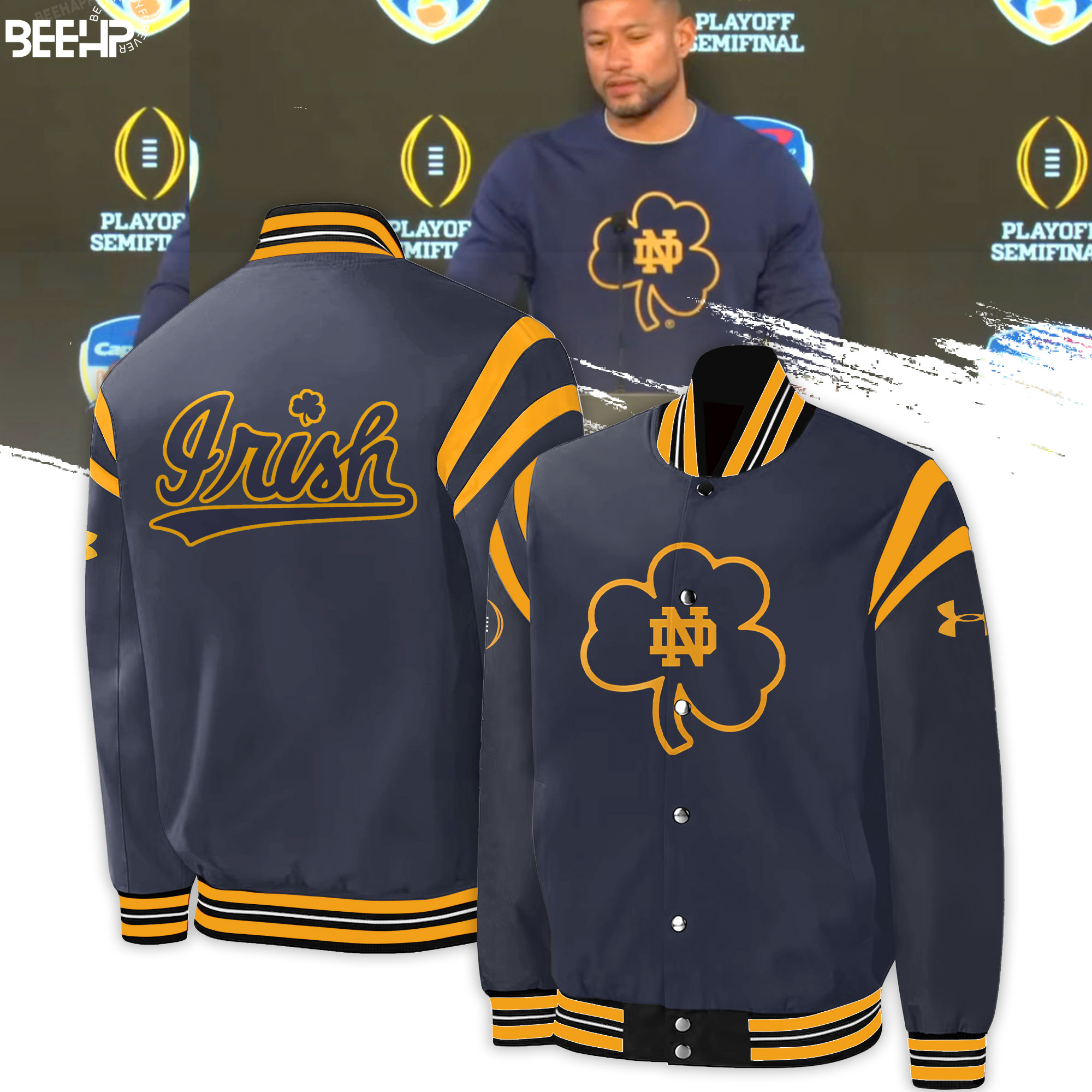 Notre Dame Fighting Irish Coach Marcus Freeman CLOVER Bomber Jacket - Famjoys Notre Dame Fighting Irish Coach Marcus Freeman CLOVER Bomber Jacket - Famjoys