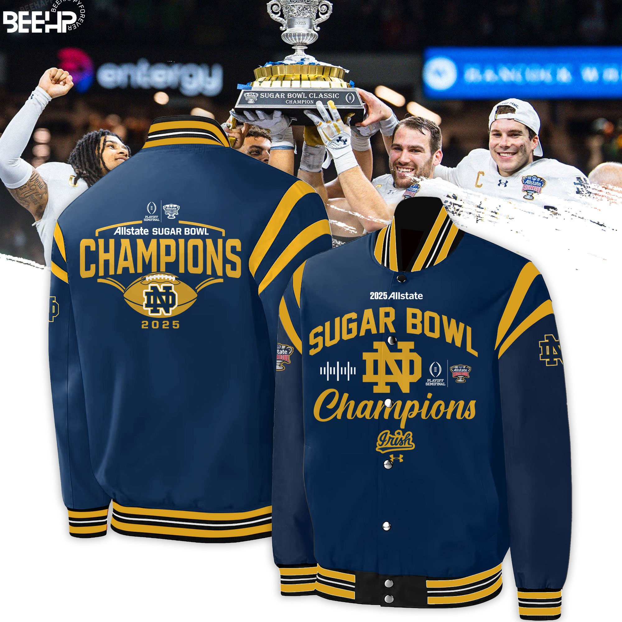 Notre Dame Fighting Irish College Football Playoff 2025 Sugar Bowl Champions Bomber Jacket - Famjoys Notre Dame Fighting Irish College Football Playoff 2025 Sugar Bowl Champions Bomber Jacket - Famjoys