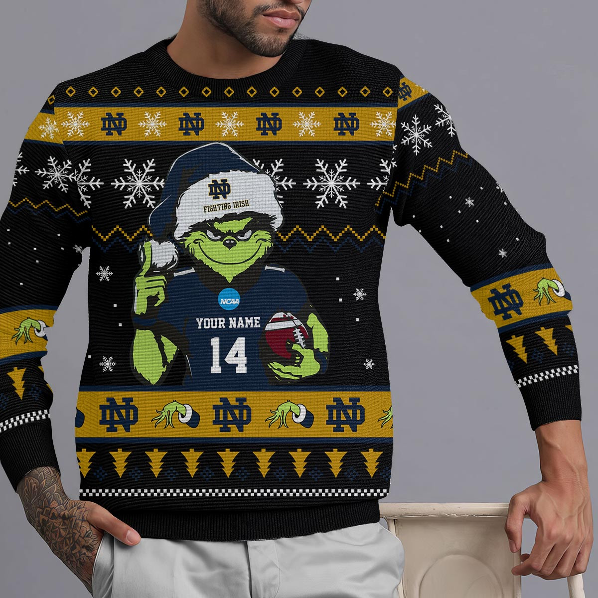 Notre Dame Fighting Irish Custom Christmas Ugly Sweater - Famjoys Notre Dame Fighting Irish Custom Christmas Ugly Sweater - Famjoys