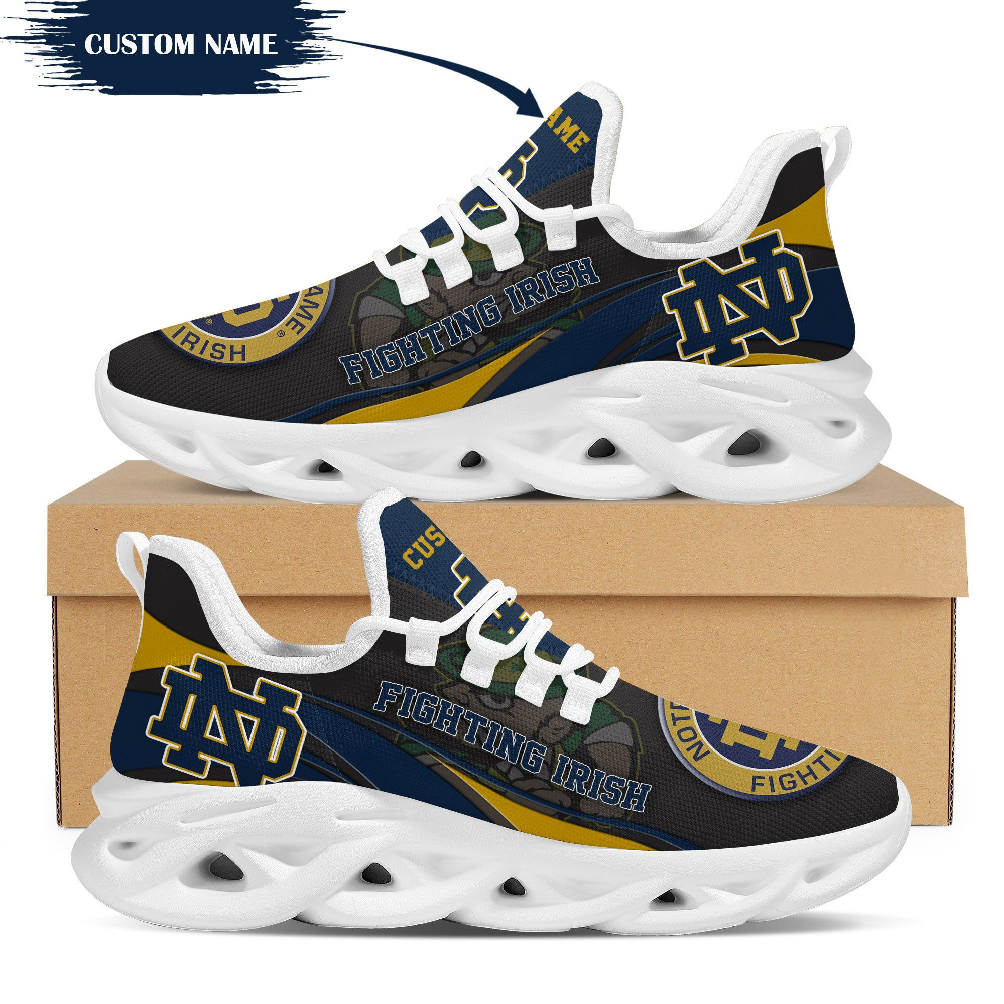 Notre Dame Fighting Irish Mascot Custom Name Personalized Max Soul Sneakers - Famjoys Notre Dame Fighting Irish Mascot Custom Name Personalized Max Soul Sneakers - Famjoys