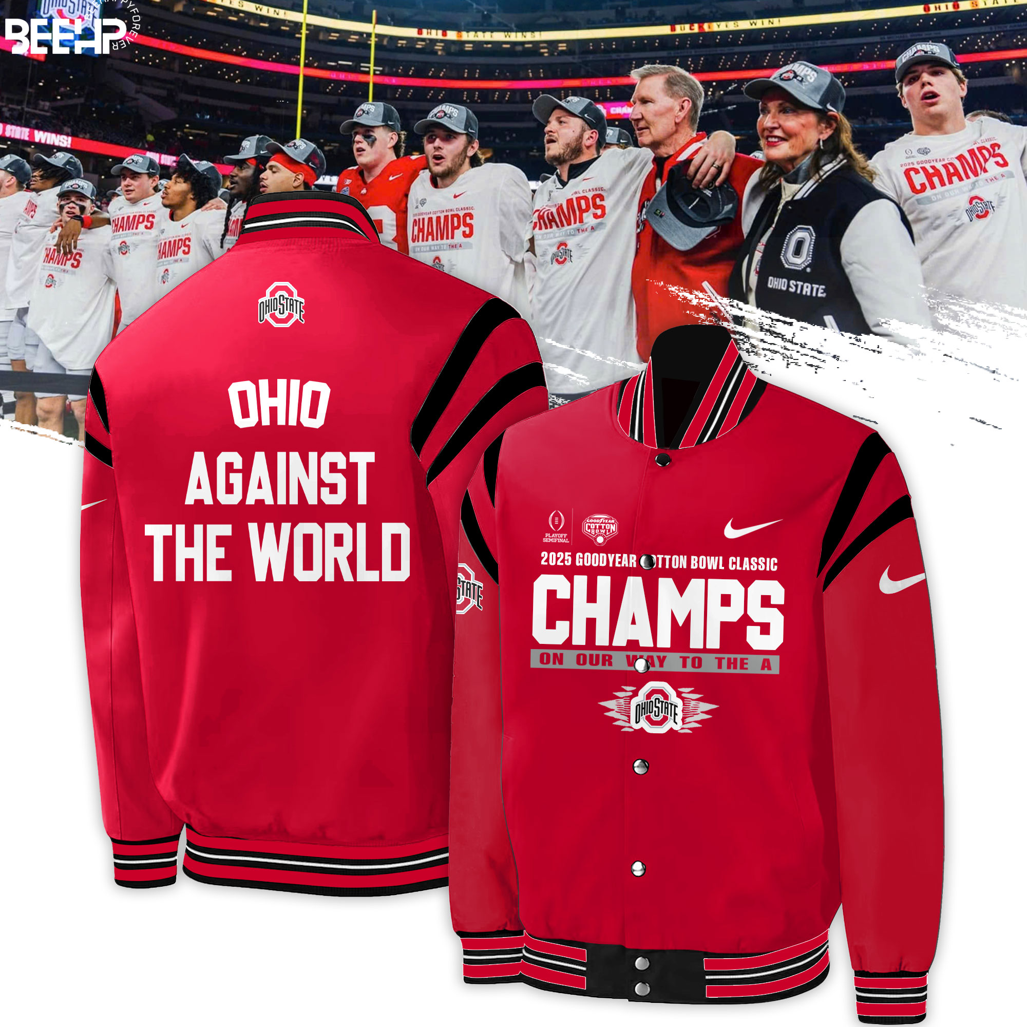 Ohio State Buckeyes College Football Playoff 2025 Cotton Bowl Champions Bomber Jacket - Famjoys Ohio State Buckeyes College Football Playoff 2025 Cotton Bowl Champions Bomber Jacket - Famjoys