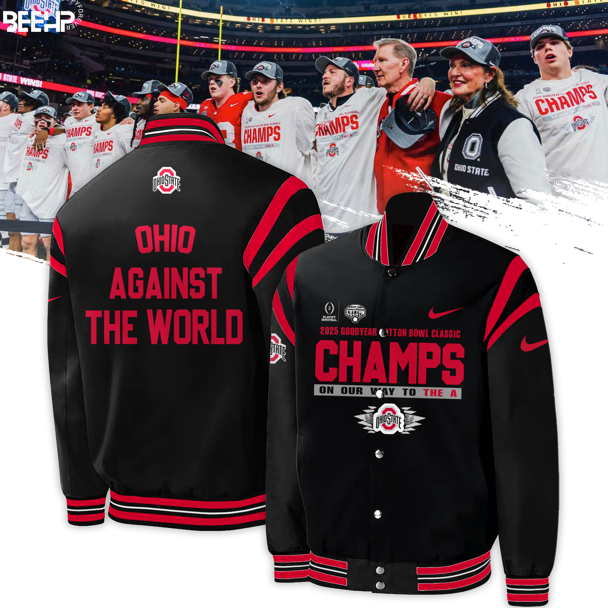 Ohio State Buckeyes College Football Playoff 2025 Cotton Bowl Champions Bomber Jacket - Famjoys Ohio State Buckeyes College Football Playoff 2025 Cotton Bowl Champions Bomber Jacket - Famjoys
