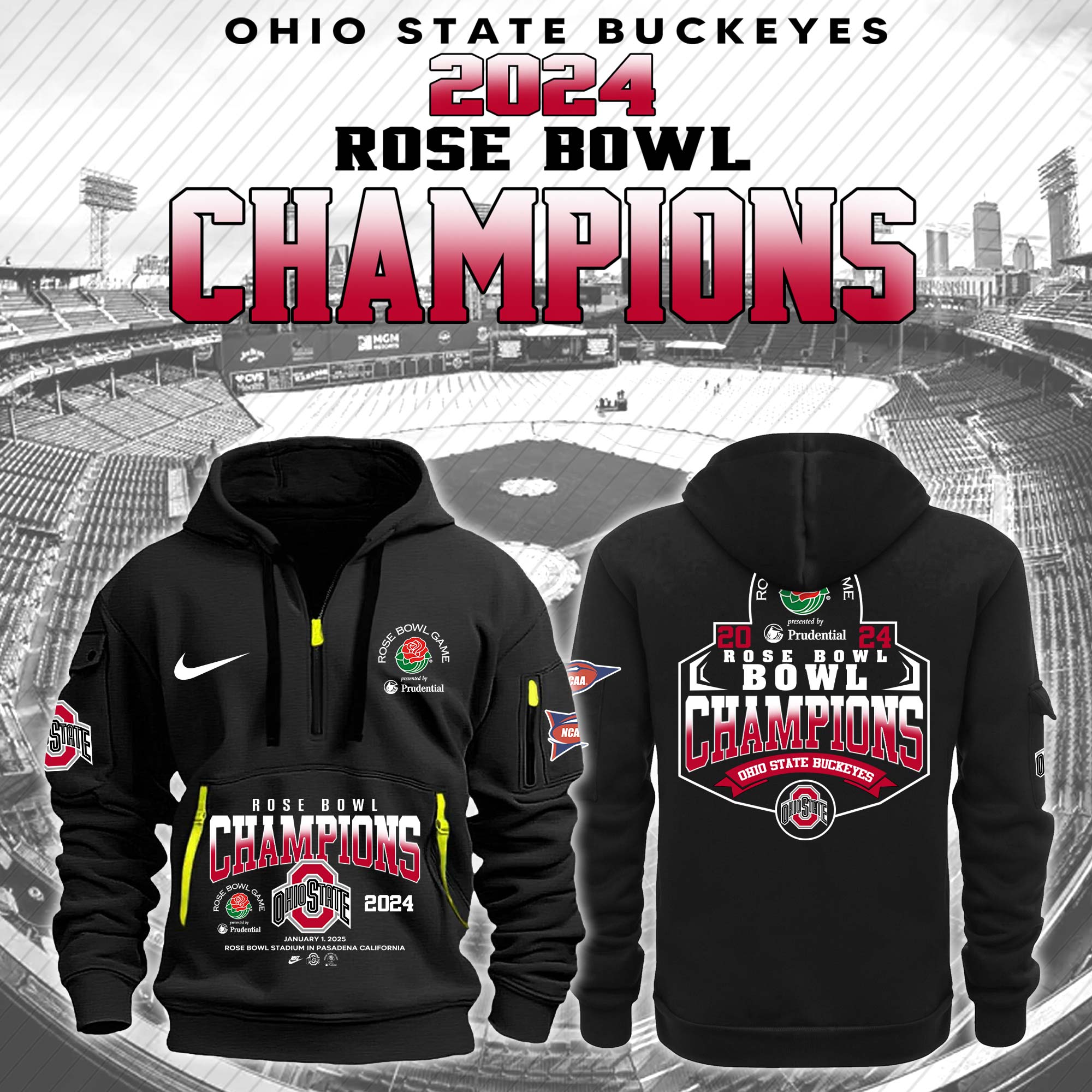 Ohio State Buckeyes Rose Bowl Champions New Hoodie 2025 - Famjoys Ohio State Buckeyes Rose Bowl Champions New Hoodie 2025 - Famjoys