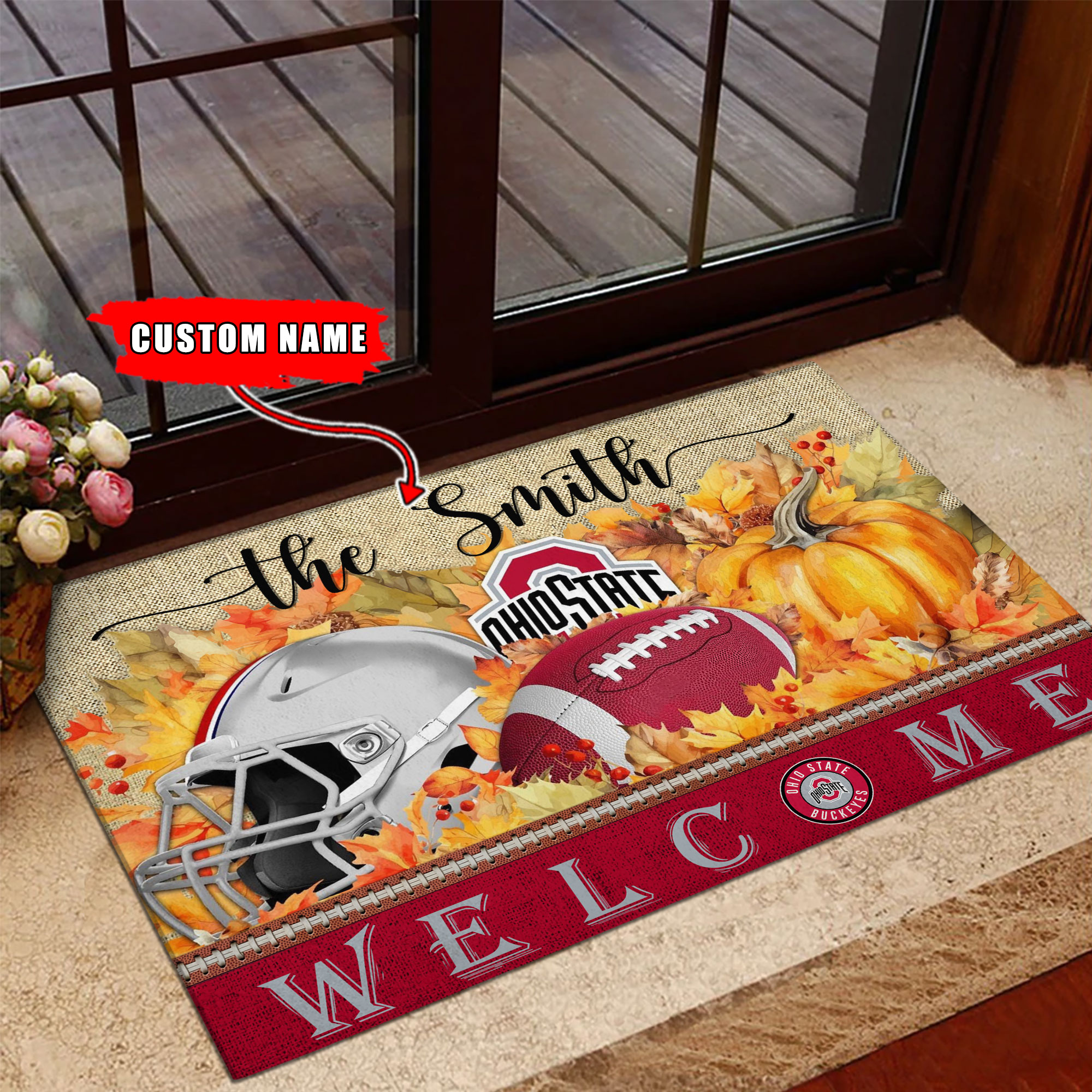 Ohio State Buckeyes Welcome Fall Football Doormat - Famjoys Ohio State Buckeyes Welcome Fall Football Doormat - Famjoys
