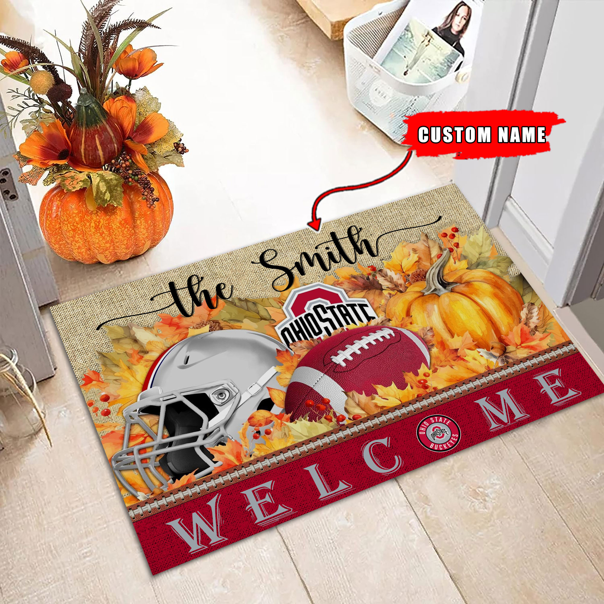 Ohio State Buckeyes Welcome Fall Football Doormat - Famjoys Ohio State Buckeyes Welcome Fall Football Doormat - Famjoys